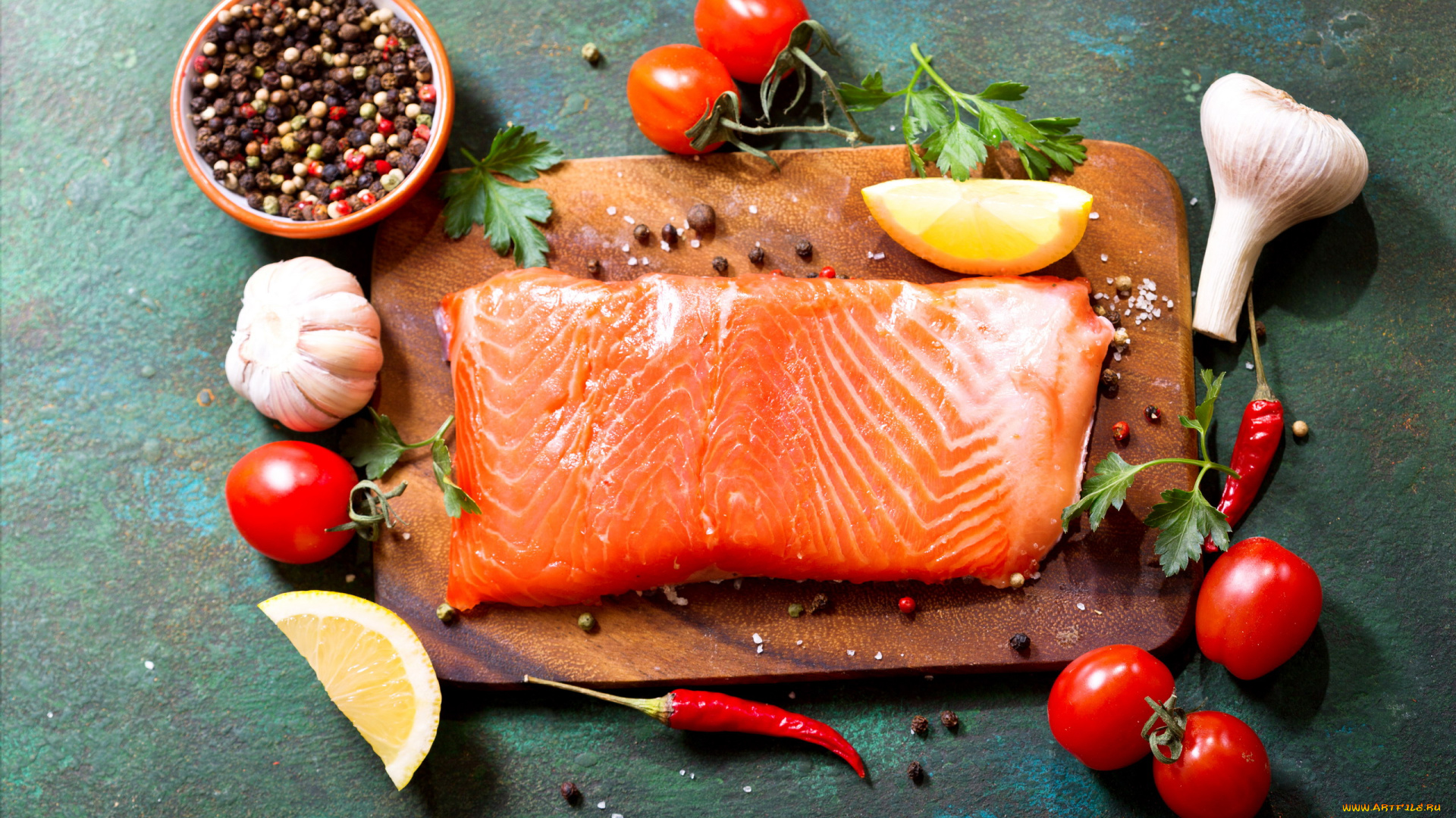 еда, рыба, , морепродукты, , суши, , роллы, лимон, форель, свежая, помидоры, перец, чеснок