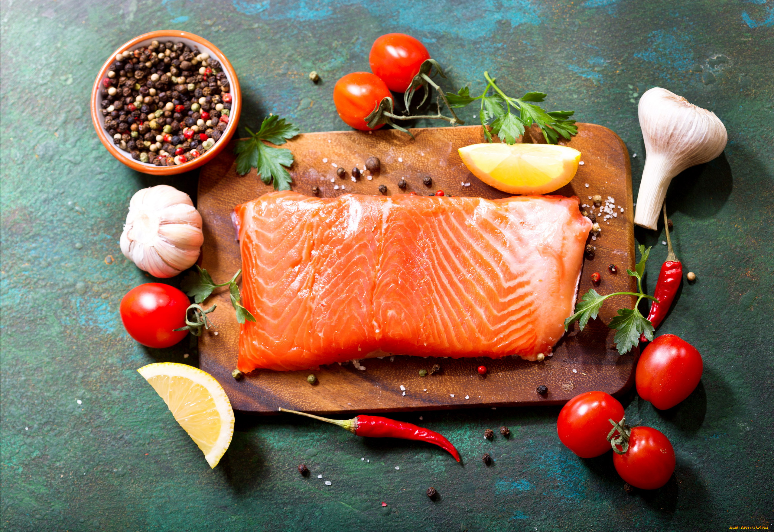 еда, рыба, , морепродукты, , суши, , роллы, лимон, форель, свежая, помидоры, перец, чеснок