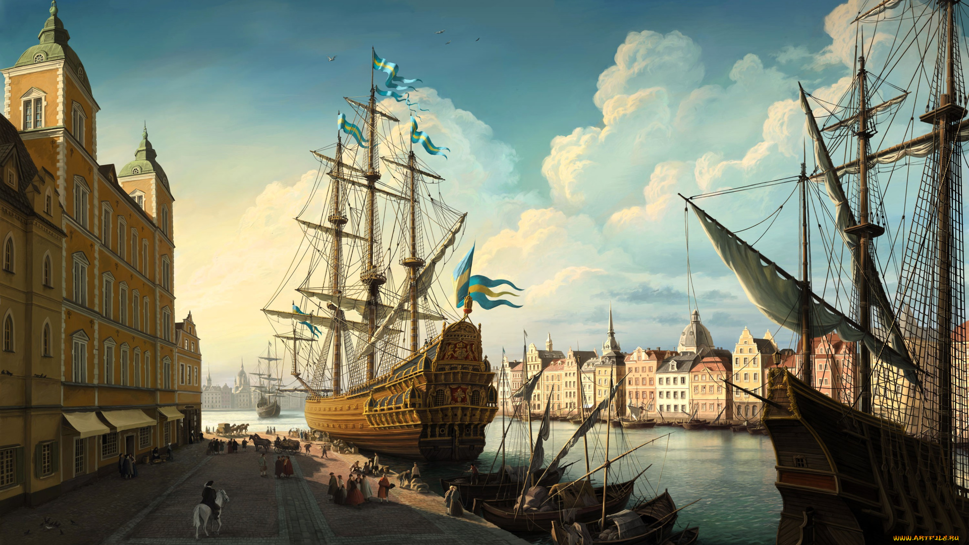 ольга, антоненко, рисованное, живопись, корабли, река, город, люди, набережная