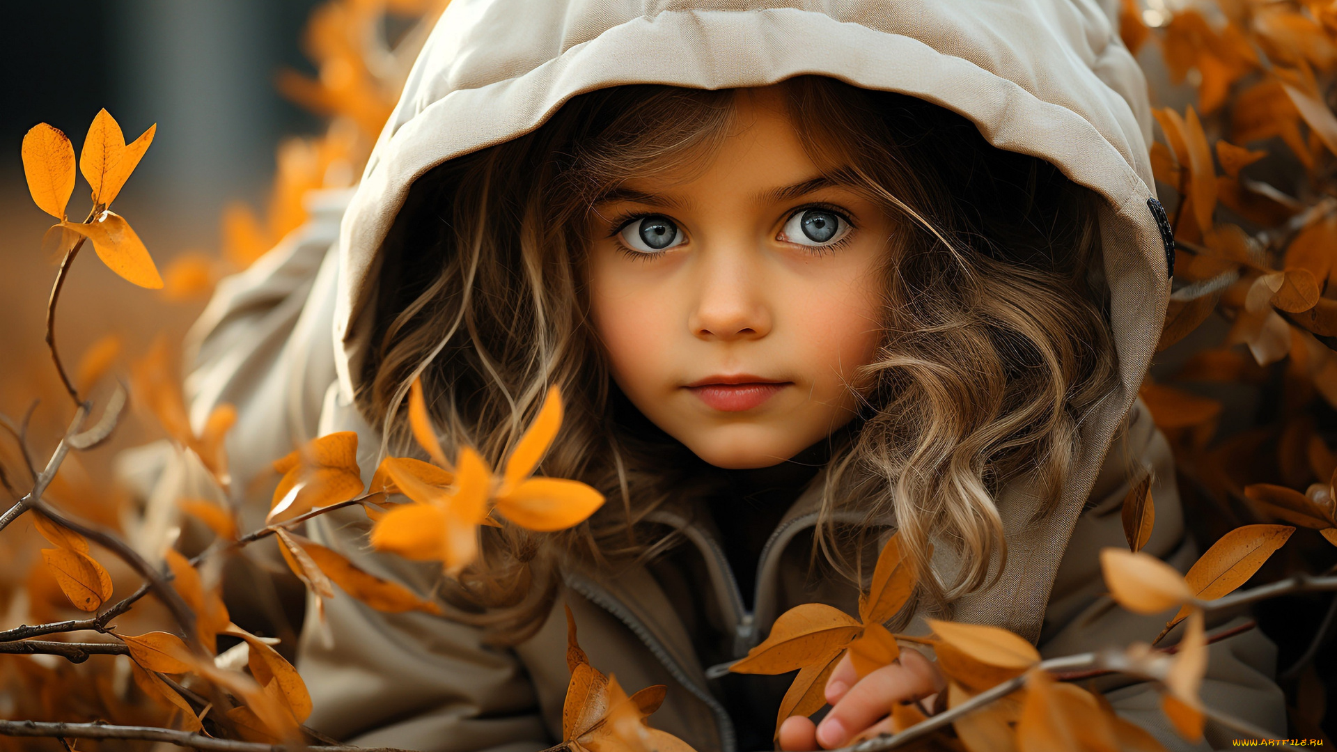 3д, графика, портреты, и, лица, , portraits, and, faсes, девочка, листья, капюшон, куртка, ветки, осень