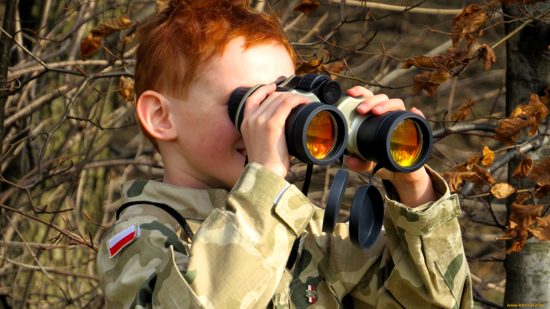 разное, дети, мальчик, рыжий, форма, бинокль, ветки, осень