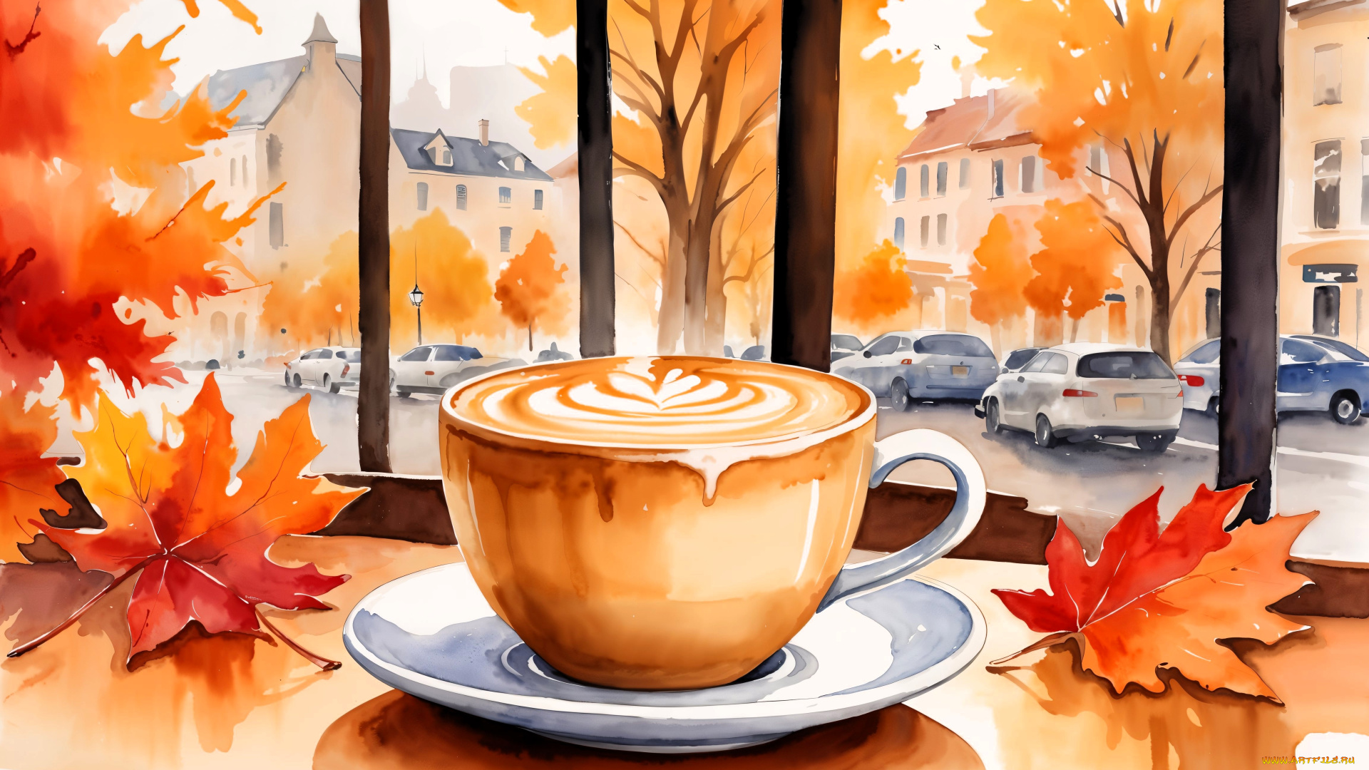 рисованное, еда, чаша, кофе, листья, осень, окно, город, дома, машины