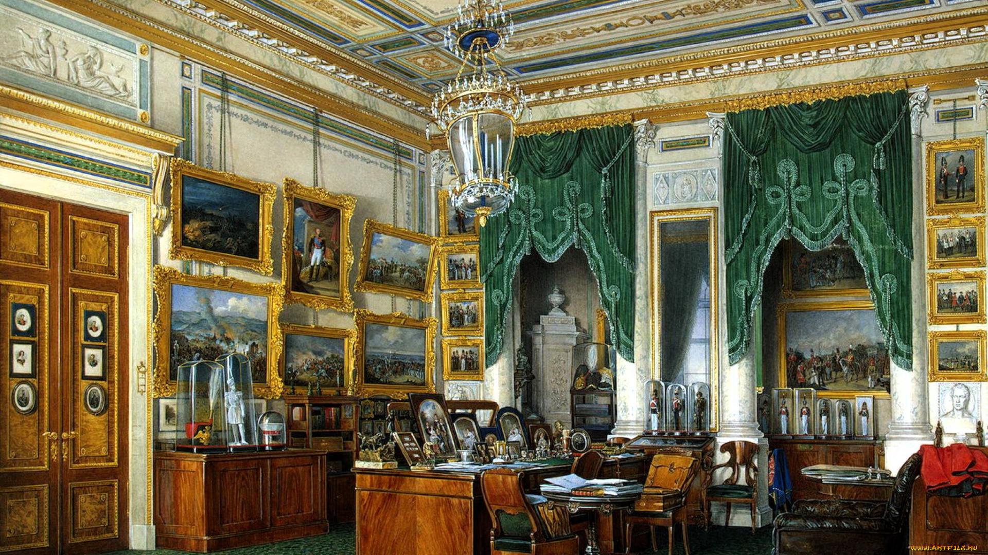 рисованное, эдуард, гау, дворец, интерьер, кабинет, двери, картины, столы, стулья, шторы