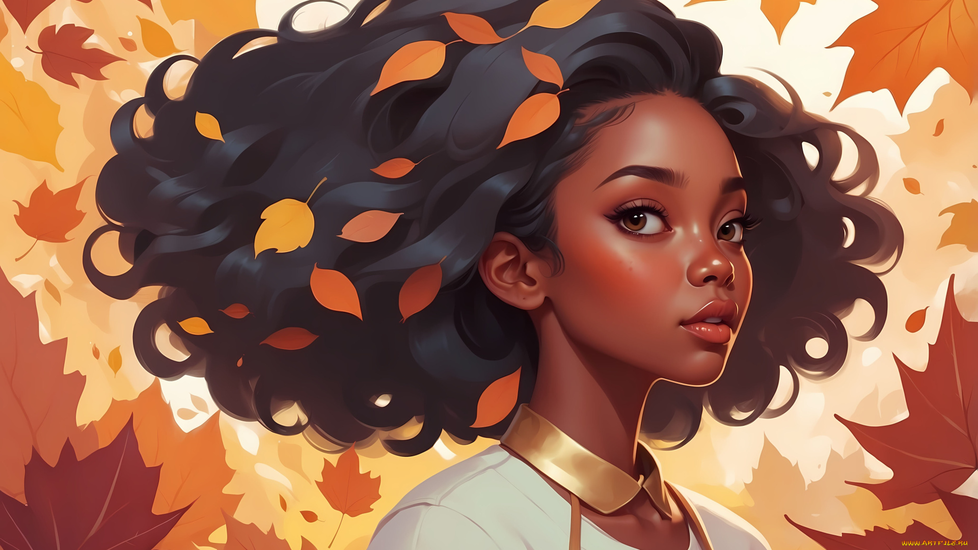 рисованное, люди, девушка, лицо, осень, листья