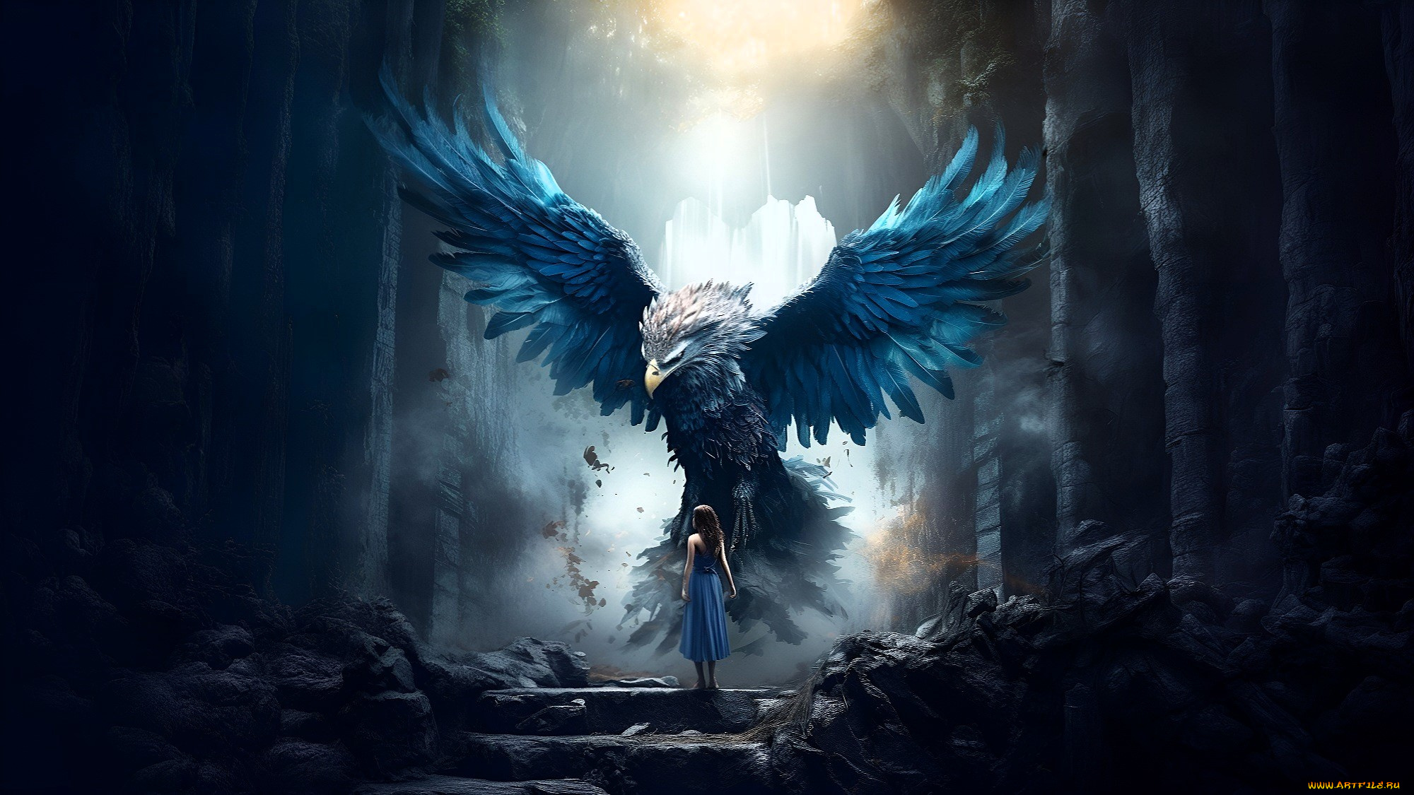 фэнтези, красавицы, и, чудовища, орел, птица, девушка, колонны, ступени, развалины