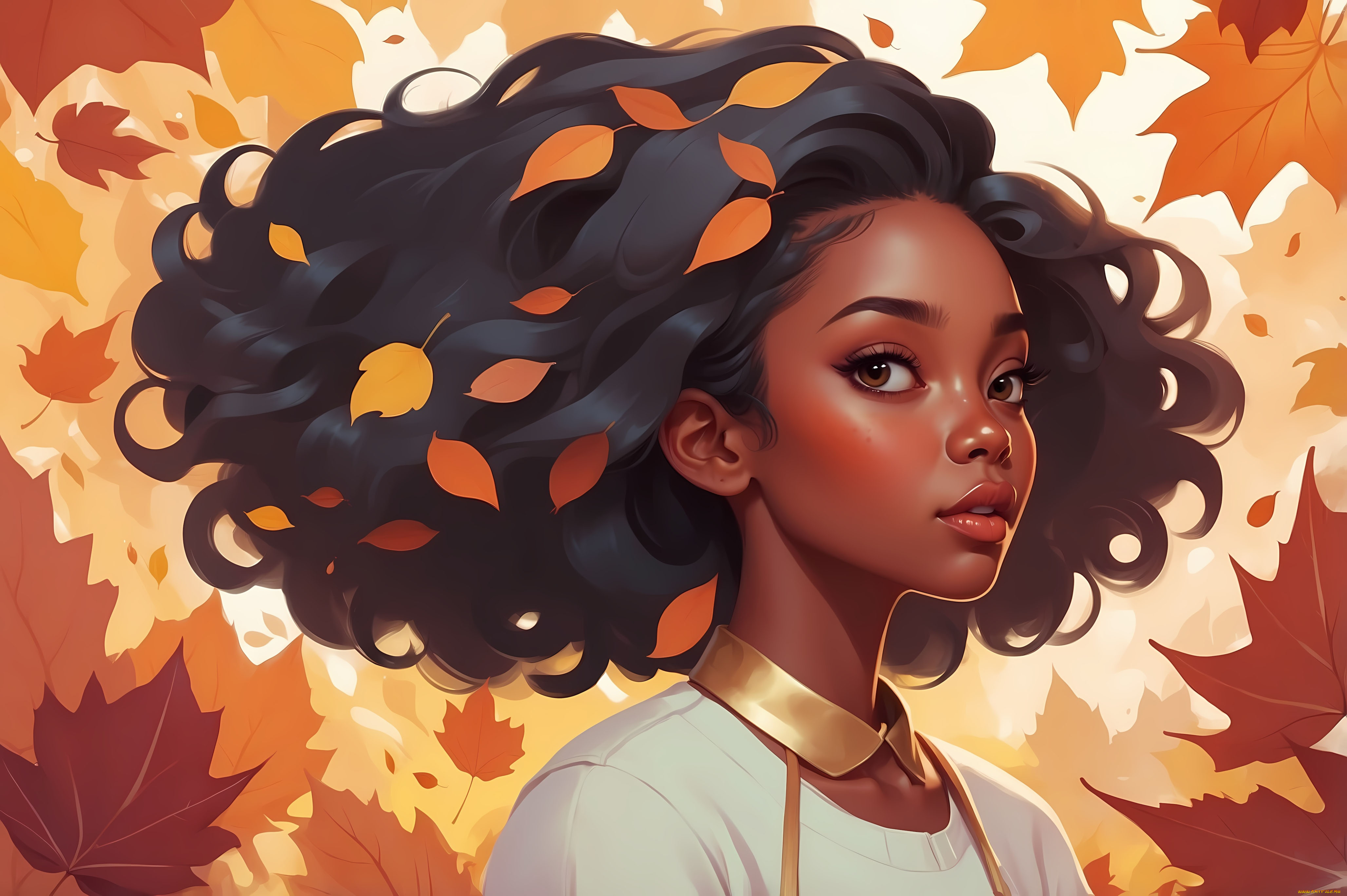 рисованное, люди, девушка, лицо, осень, листья