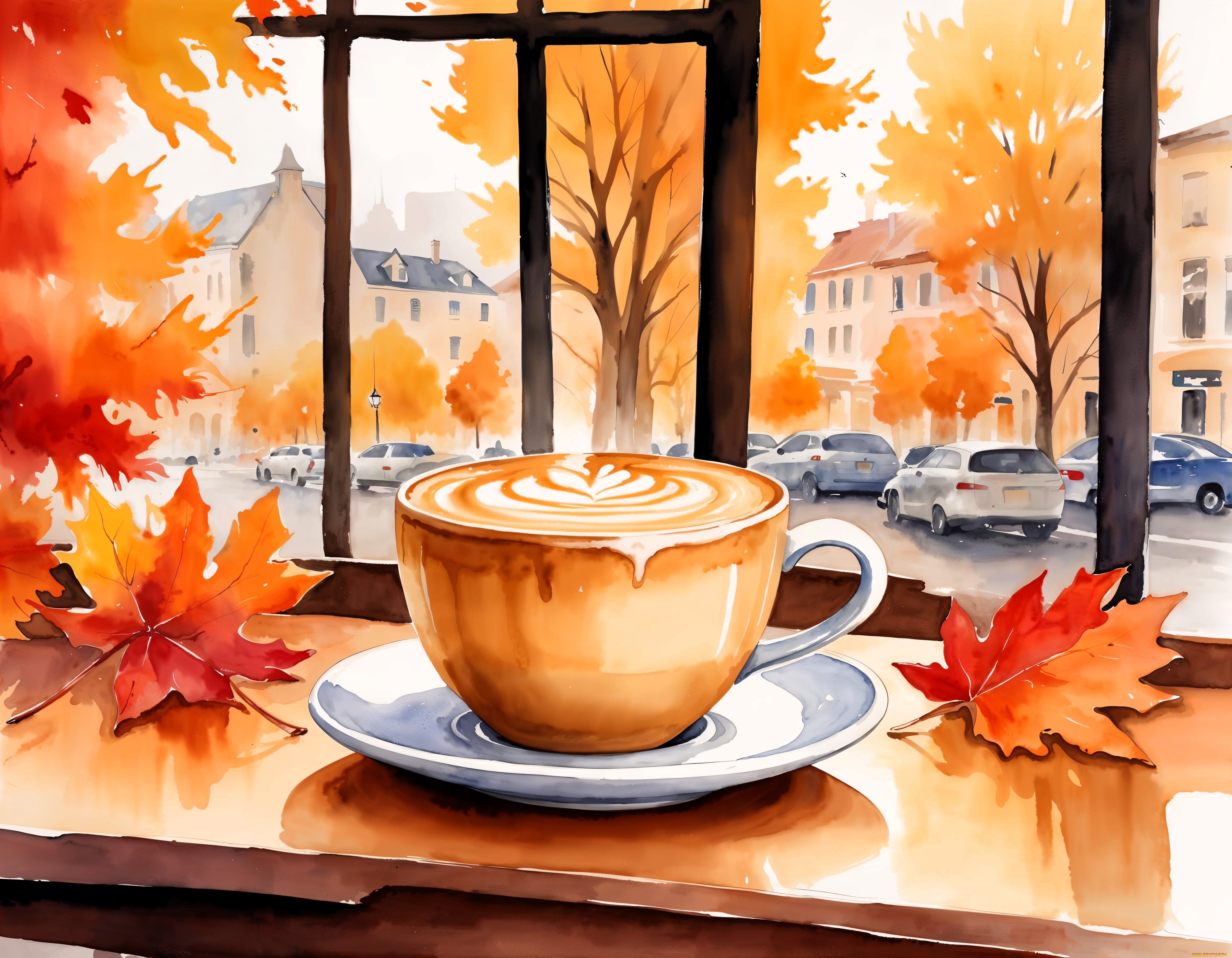 рисованное, еда, чаша, кофе, листья, осень, окно, город, дома, машины