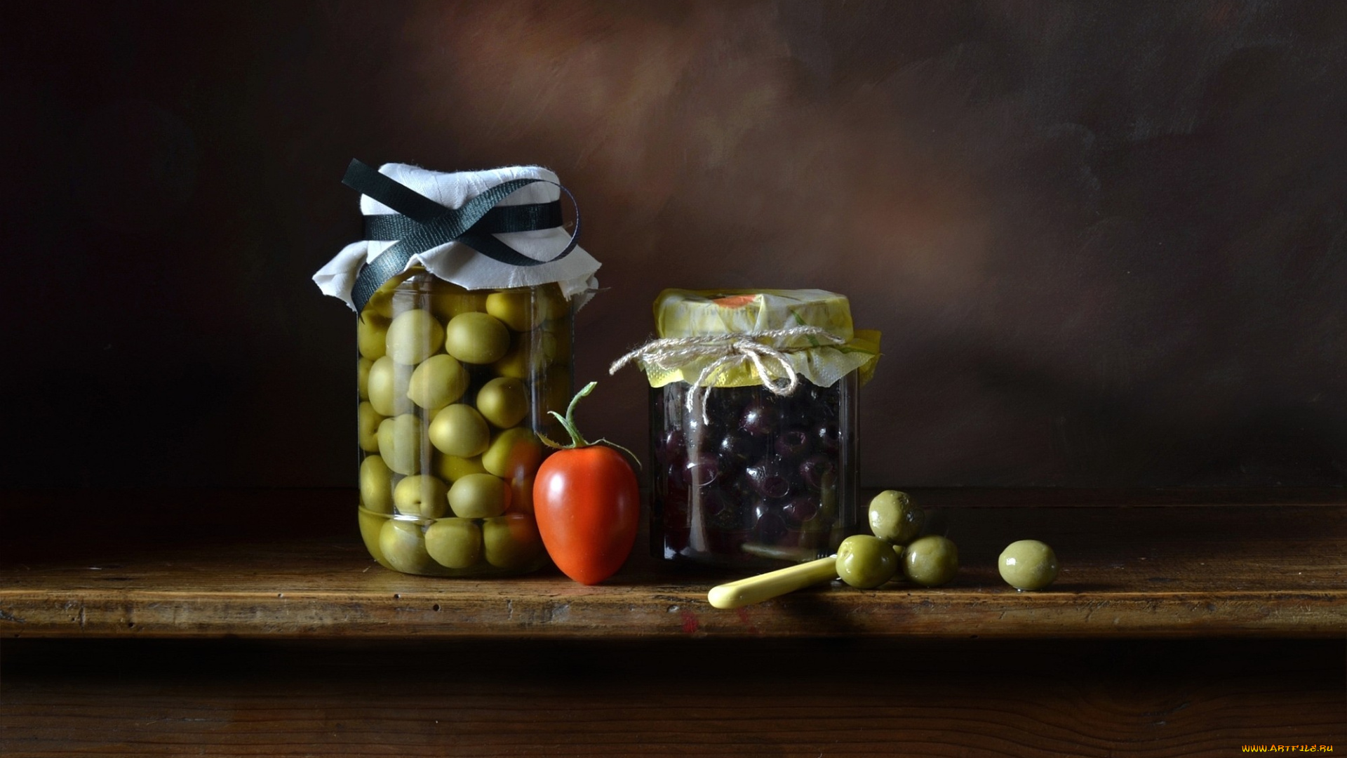 еда, натюрморт, банки, оливки, нож, помидорор