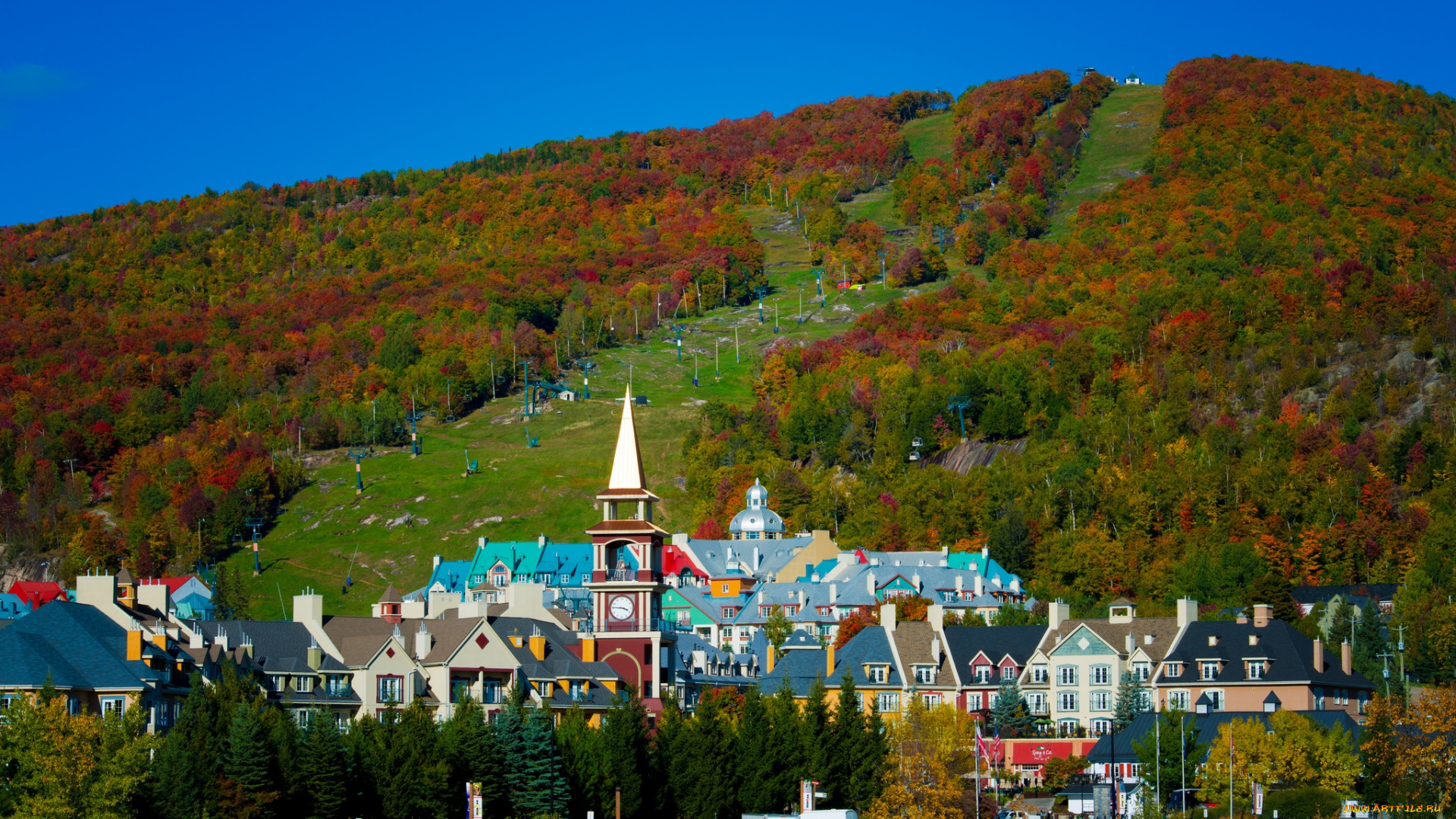 канада, города, пейзажи, дома, склон, деревья, церковь