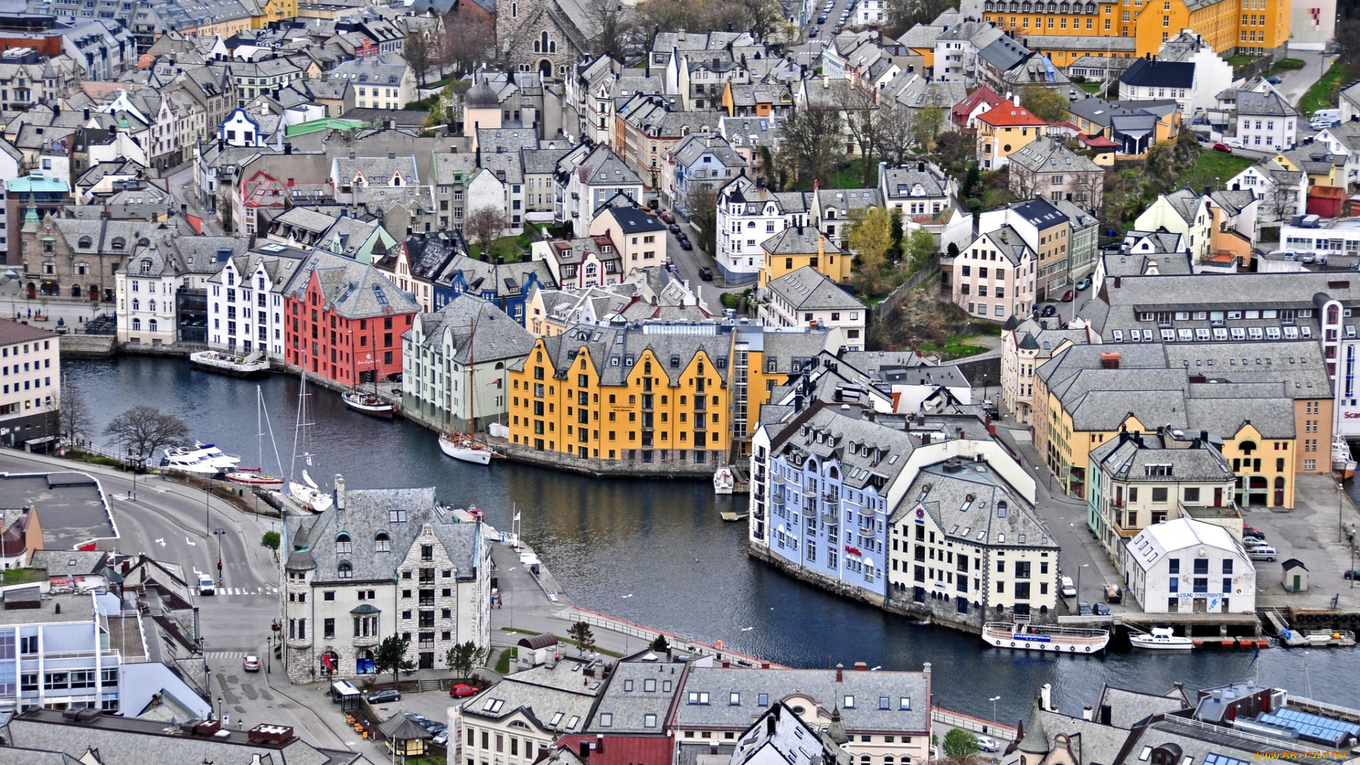 норвегия, города, панорамы, муравейник, дома, река, alesund, norway