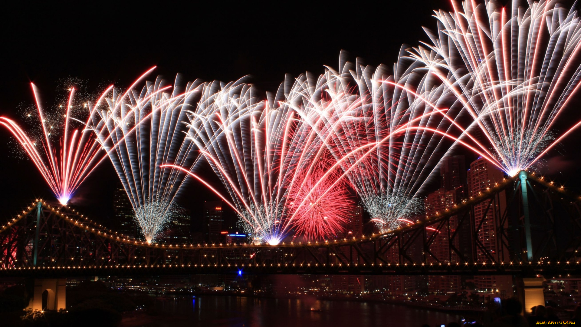 разное, салюты, фейерверки, ночь, мост, фейерверк