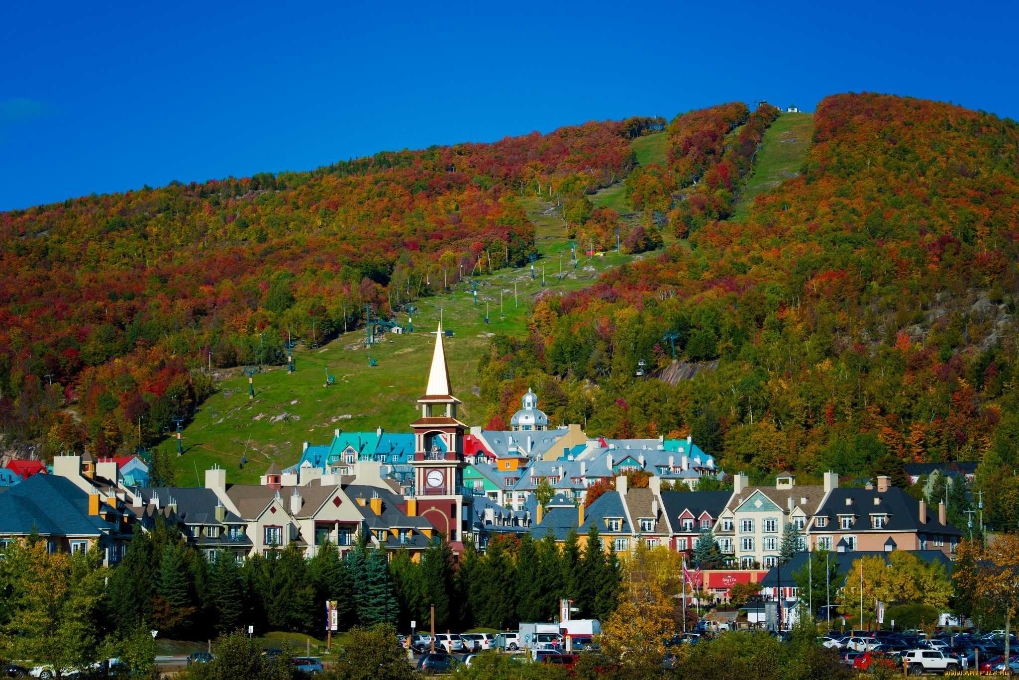 канада, города, пейзажи, дома, склон, деревья, церковь
