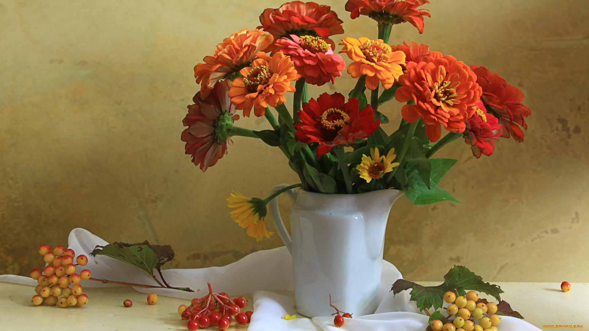 цветы, цинния, калина, букет