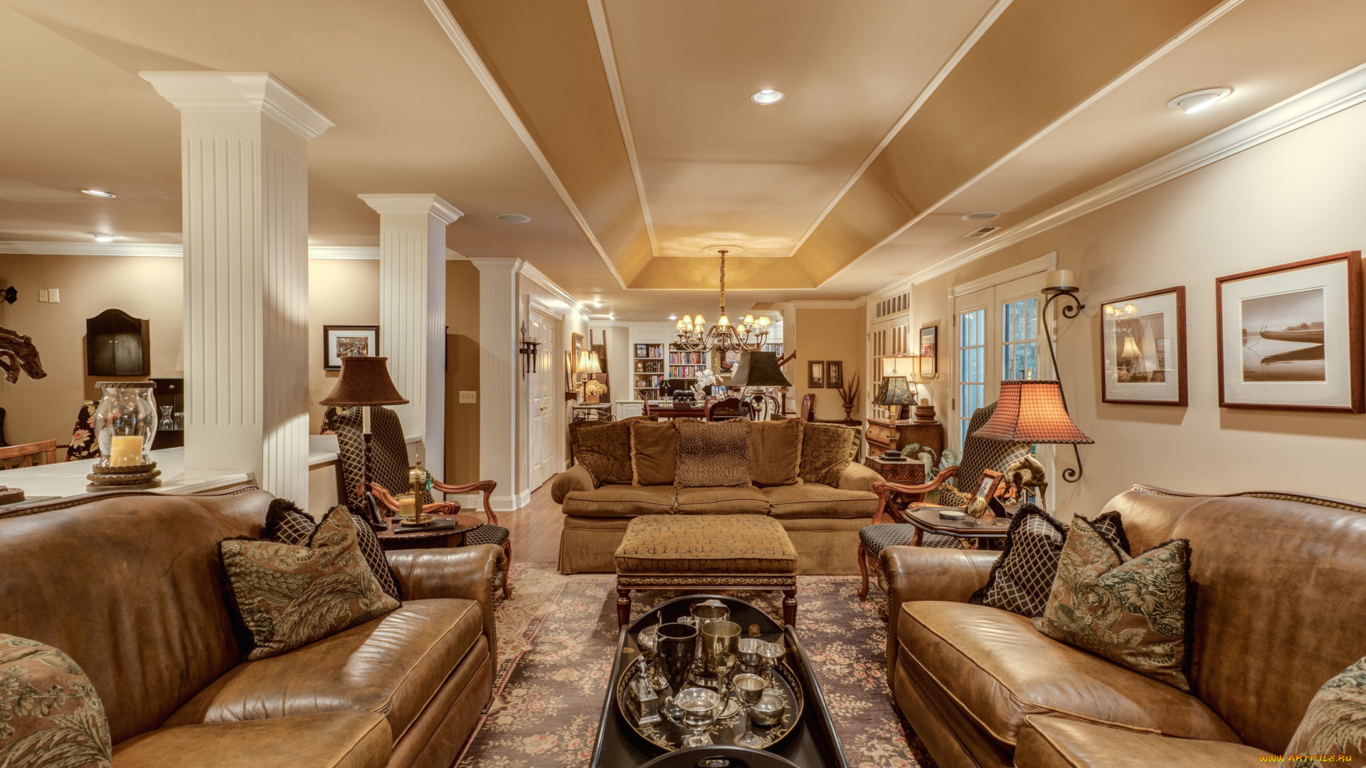 интерьер, гостиная, лампы, диваны