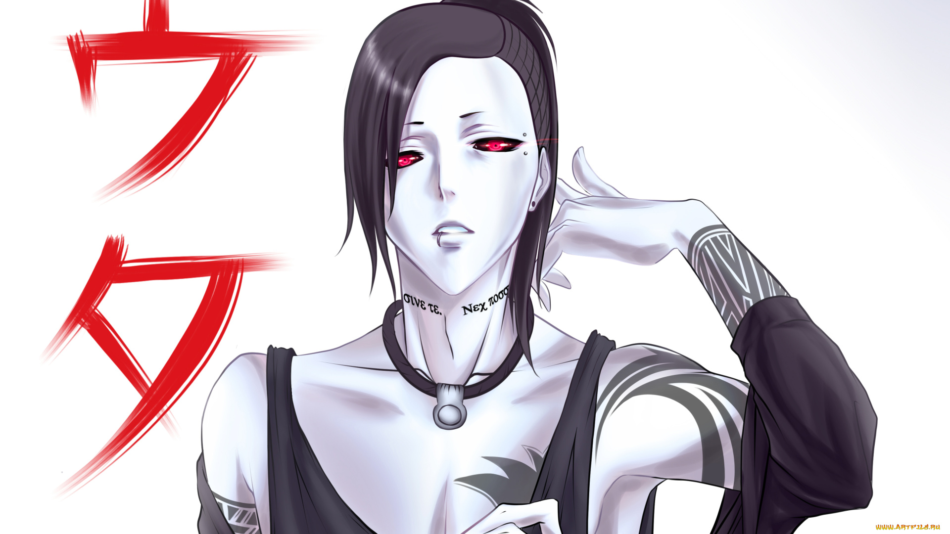фэнтези, люди, токийский, гуль, tokyo, ghoul, татуировки, парень, иероглифы, пирсинг, красные, глаза