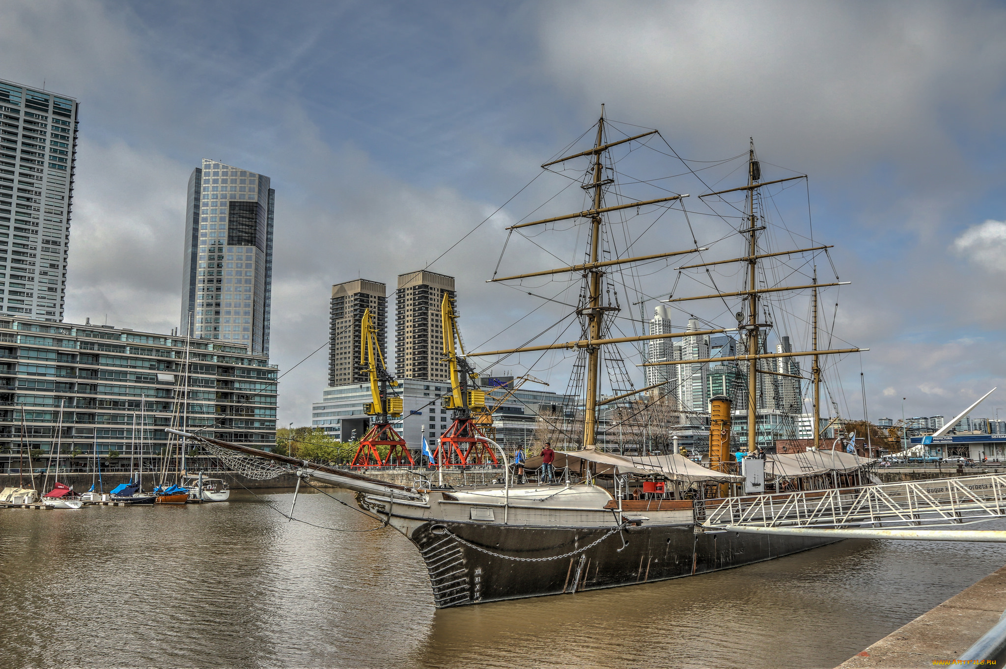 корабли, парусники, город, порт, парусник, сходни