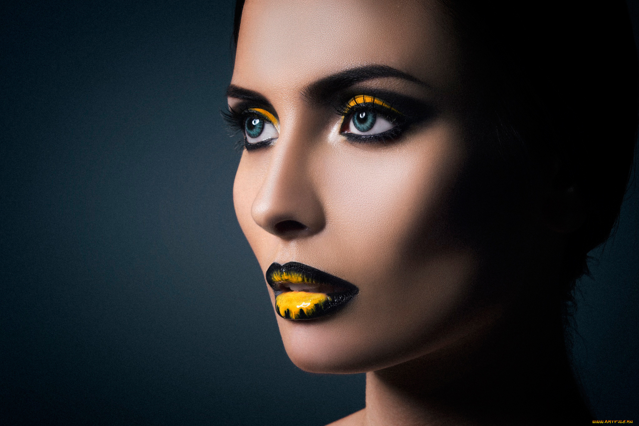 девушки, -unsort, , креатив, портрет, black, макияж, yellow, lips, eyes