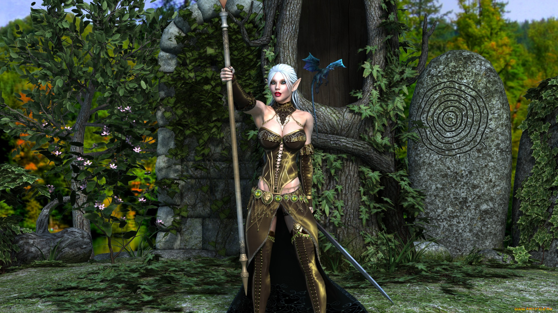 3д, графика, эльфы, , elves, фон, взгляд, эльфийка, дракон, посох