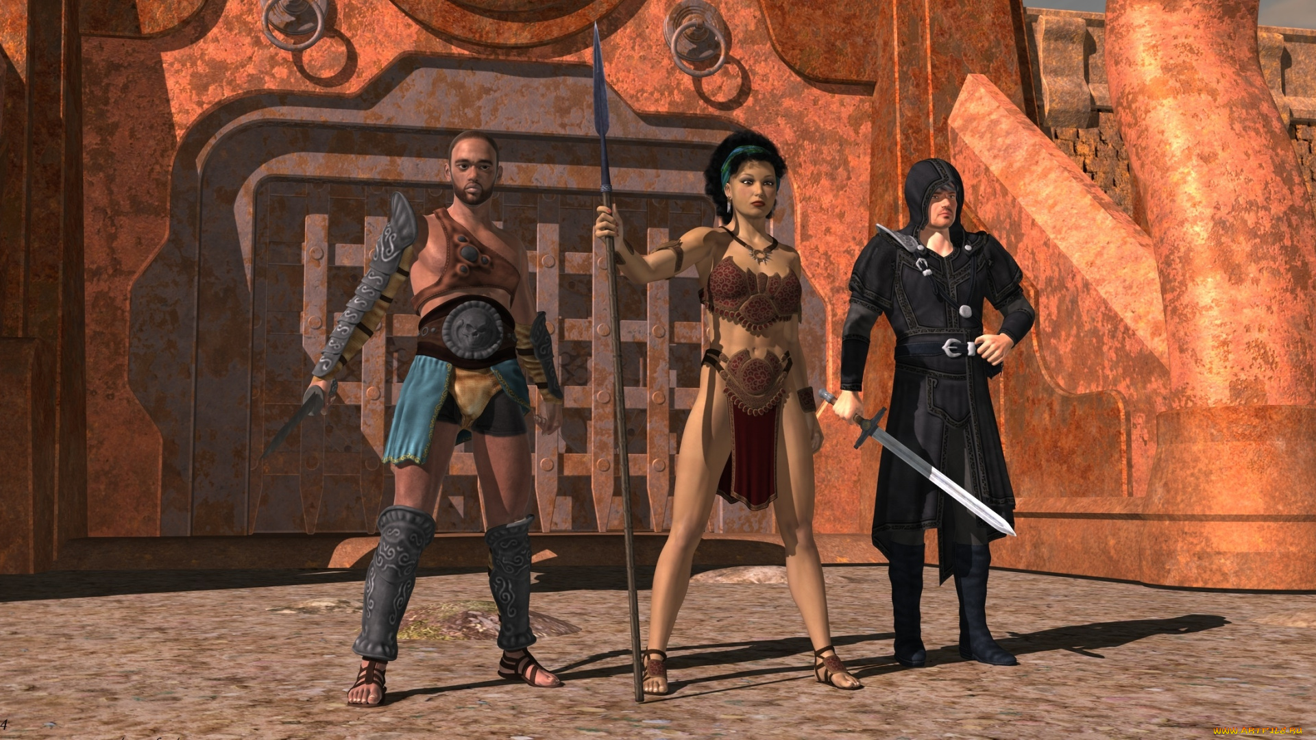 3д, графика, фантазия, , fantasy, девушка, взгляд, фон, оружие, мужчины