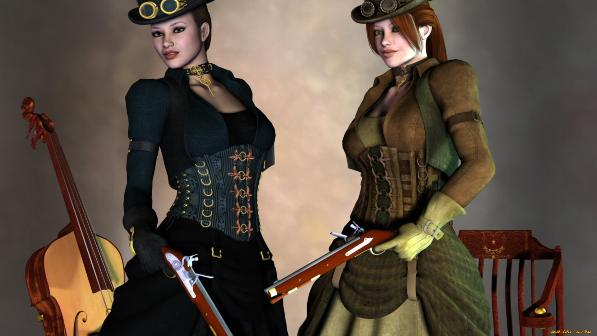 3д, графика, люди, , people, шляпы, фон, взгляд, девушки