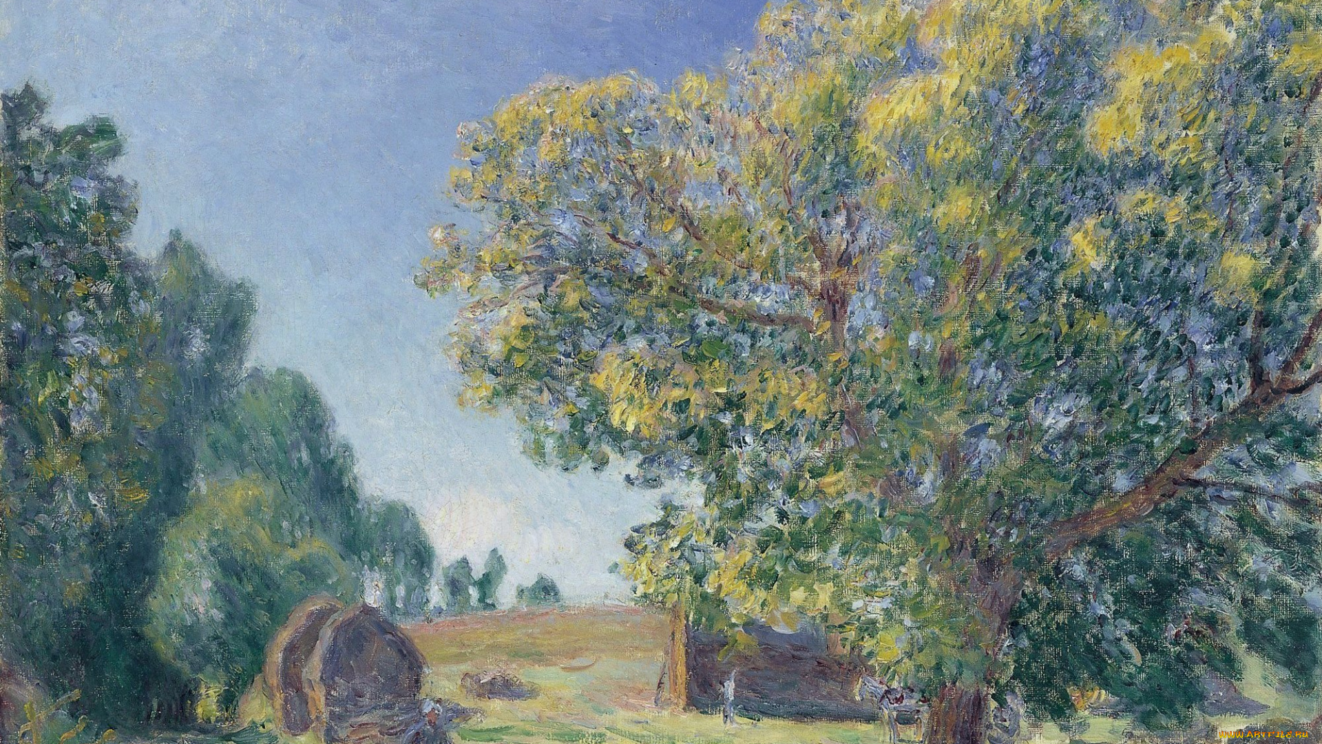 alfred, sisley, -, a, forest, clearing, рисованное, alfred, sisley, человек, дорога, деревья, небо