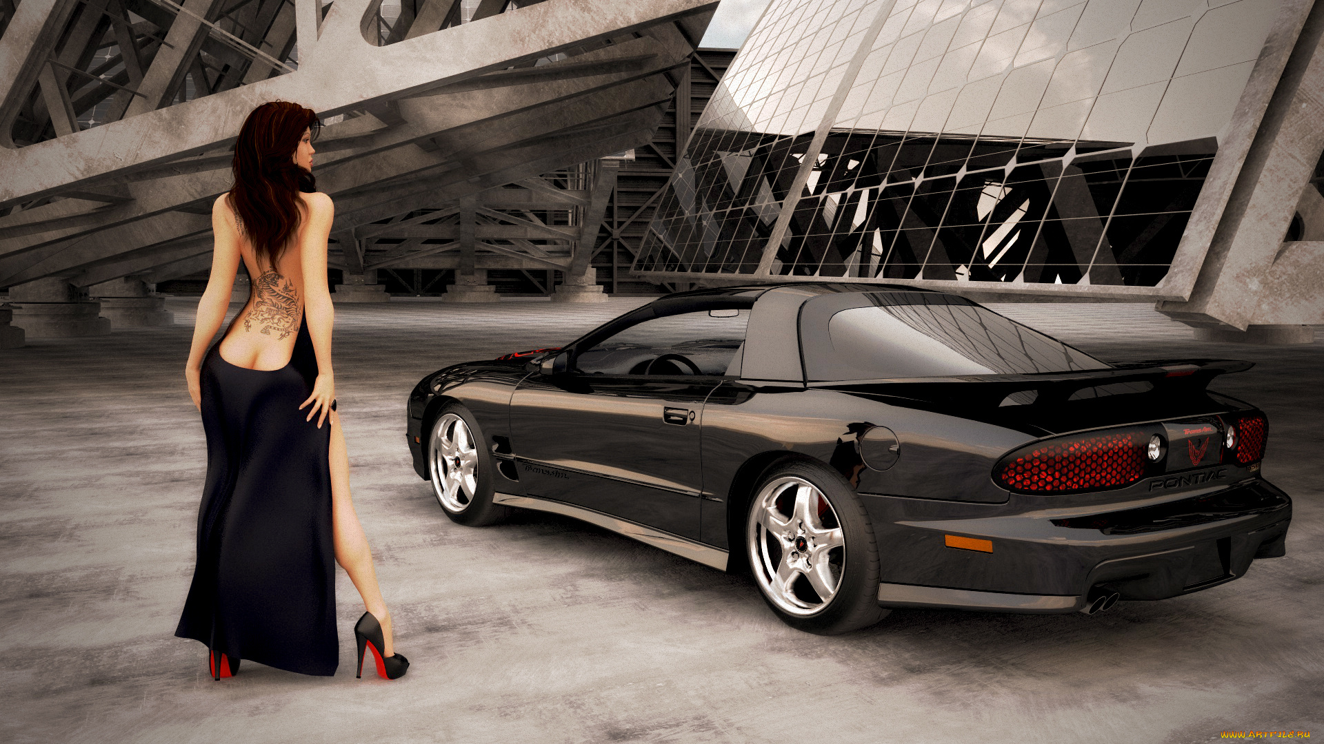 автомобили, 3d, car&girl, фон, автомобиль, девушка, взгляд