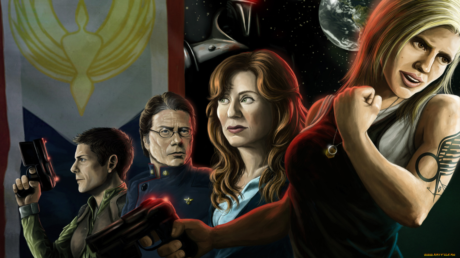 рисованное, люди, фон, взгляд, оружие, девушки, мужчины