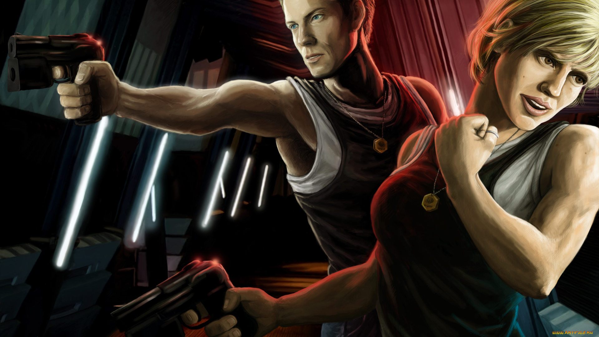 рисованное, люди, мужчина, оружие, фон, взгляд, девушка