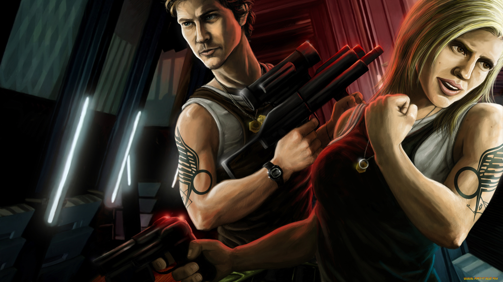 рисованное, люди, мужчина, оружие, фон, взгляд, девушка