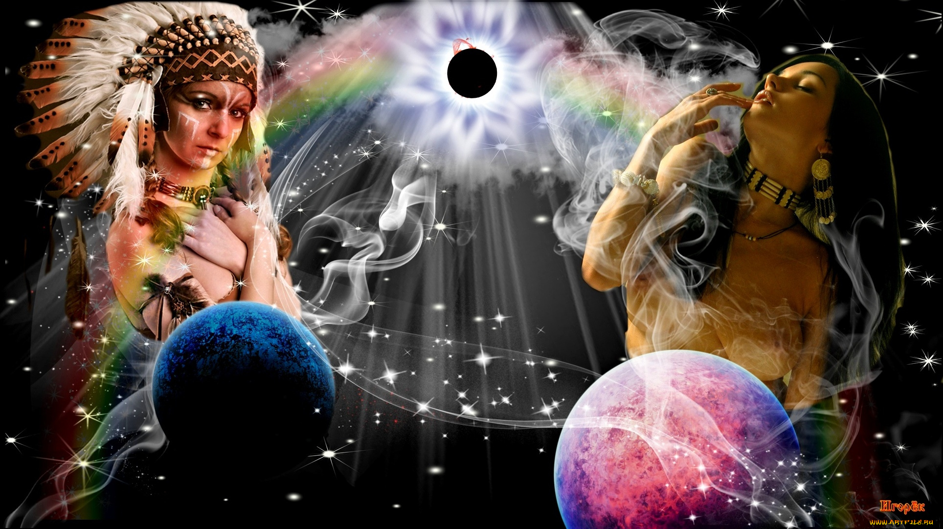 девушки, -unsort, , креатив, звезды, планеты, абстракция, дым, индианки
