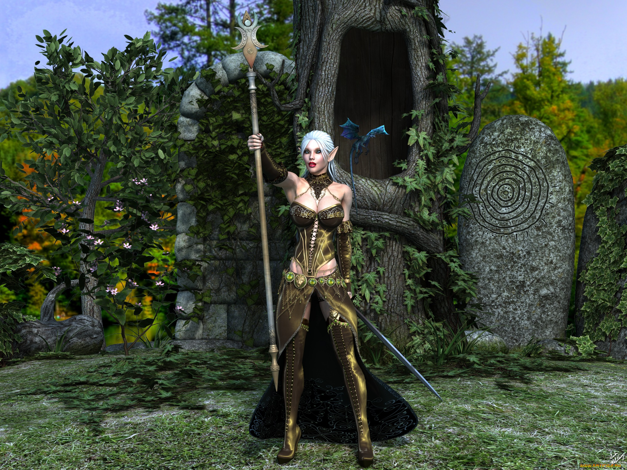 3д, графика, эльфы, , elves, фон, взгляд, эльфийка, дракон, посох