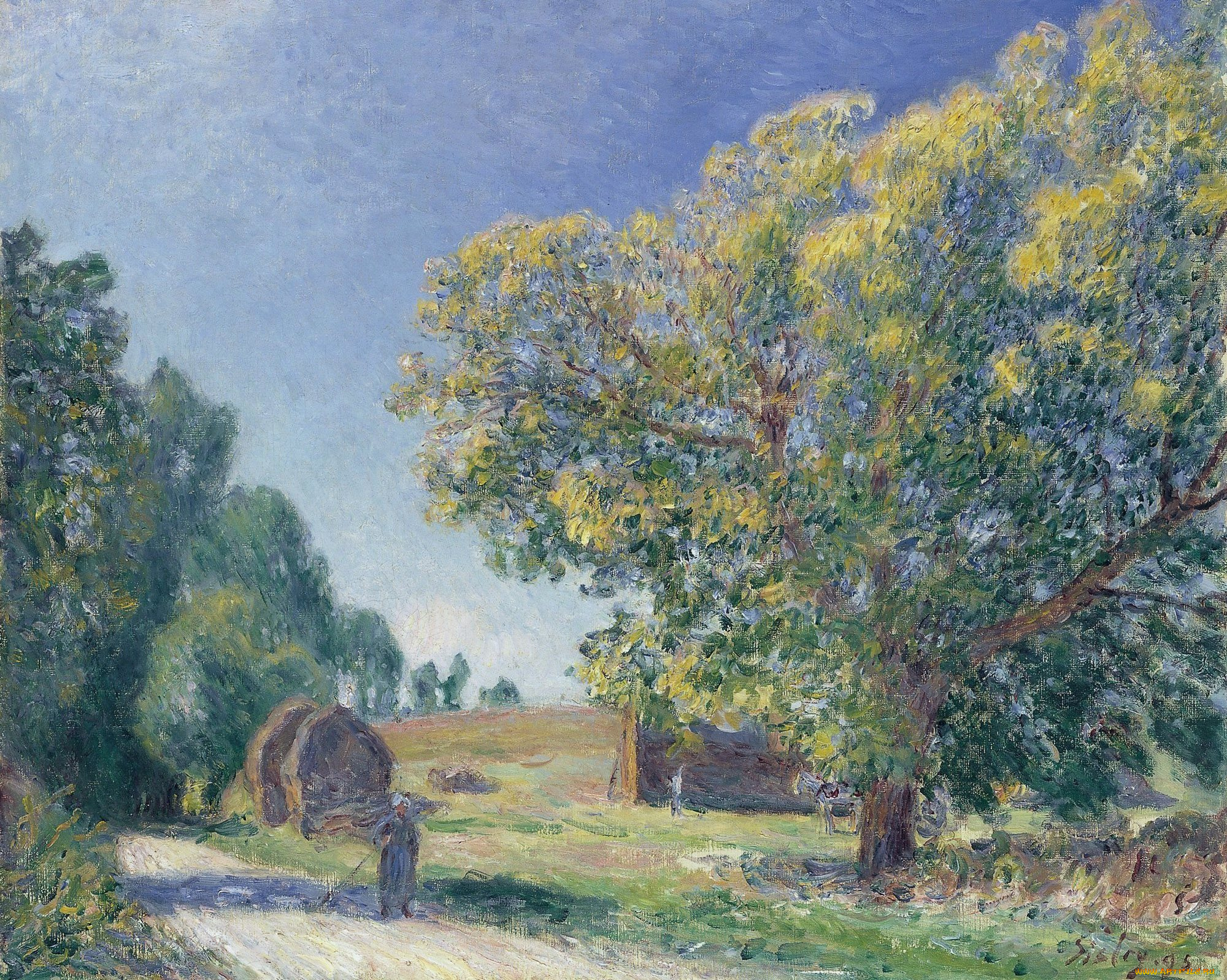 alfred, sisley, -, a, forest, clearing, рисованное, alfred, sisley, человек, дорога, деревья, небо