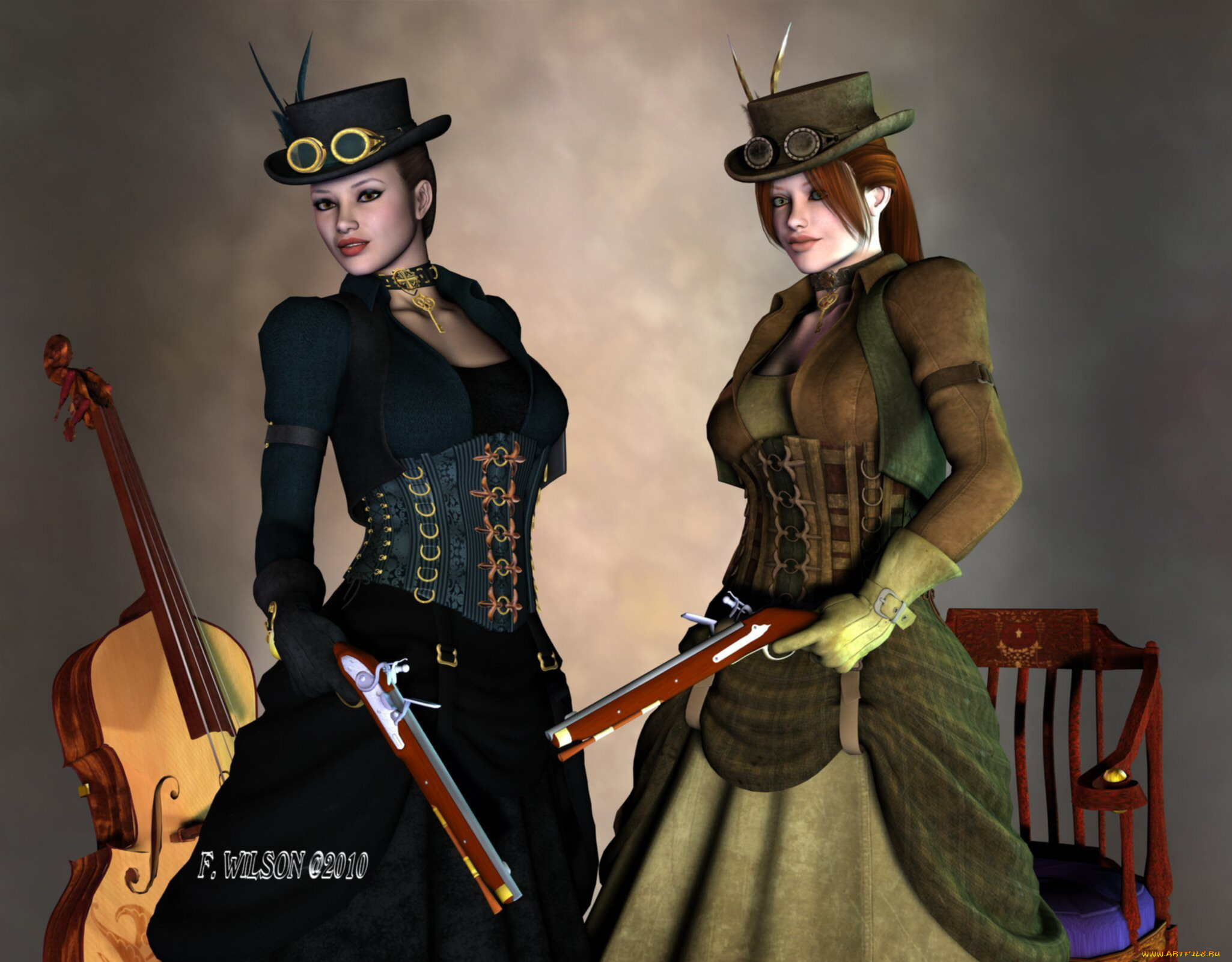 3д, графика, люди, , people, шляпы, фон, взгляд, девушки