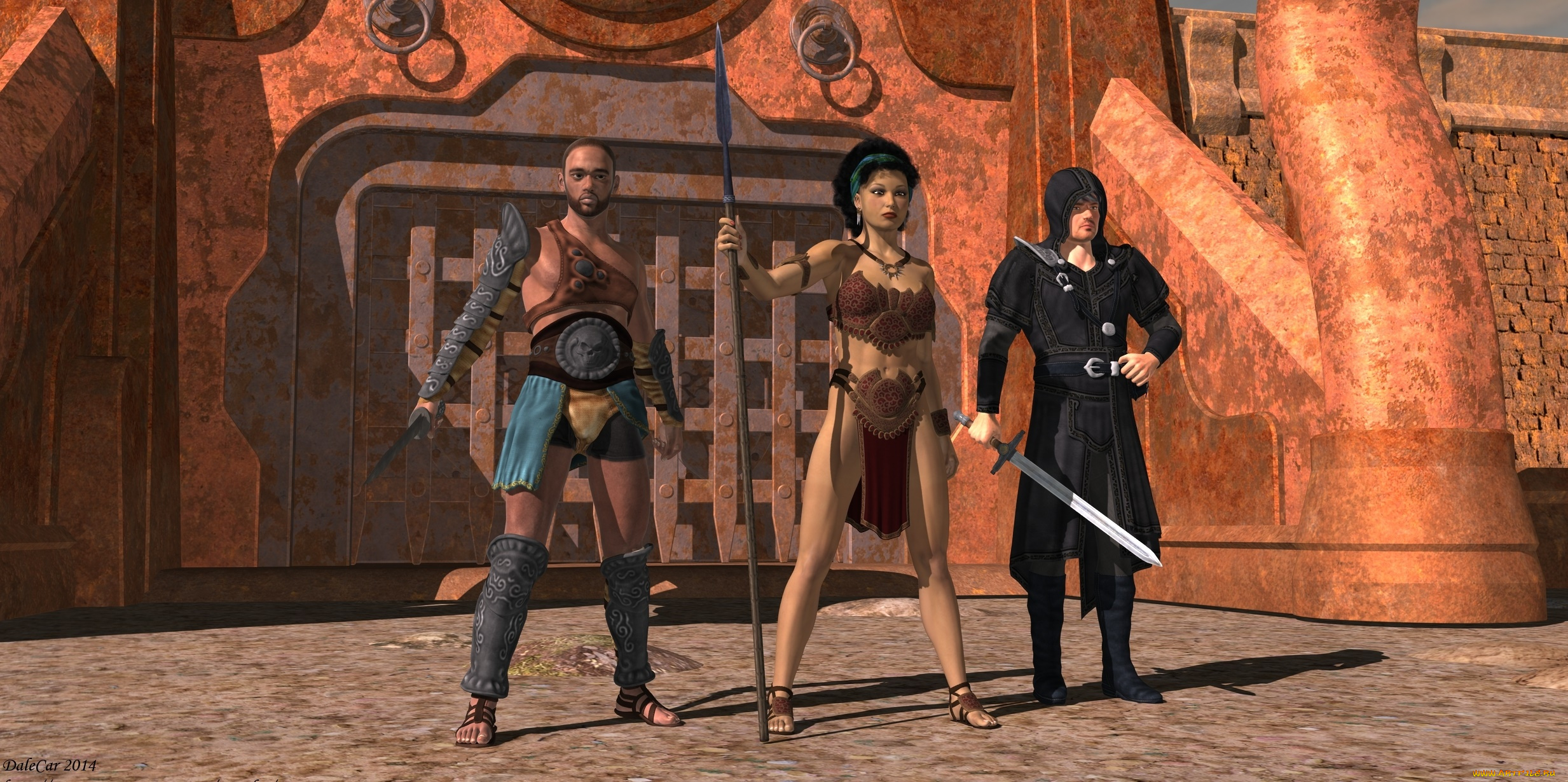 3д, графика, фантазия, , fantasy, девушка, взгляд, фон, оружие, мужчины