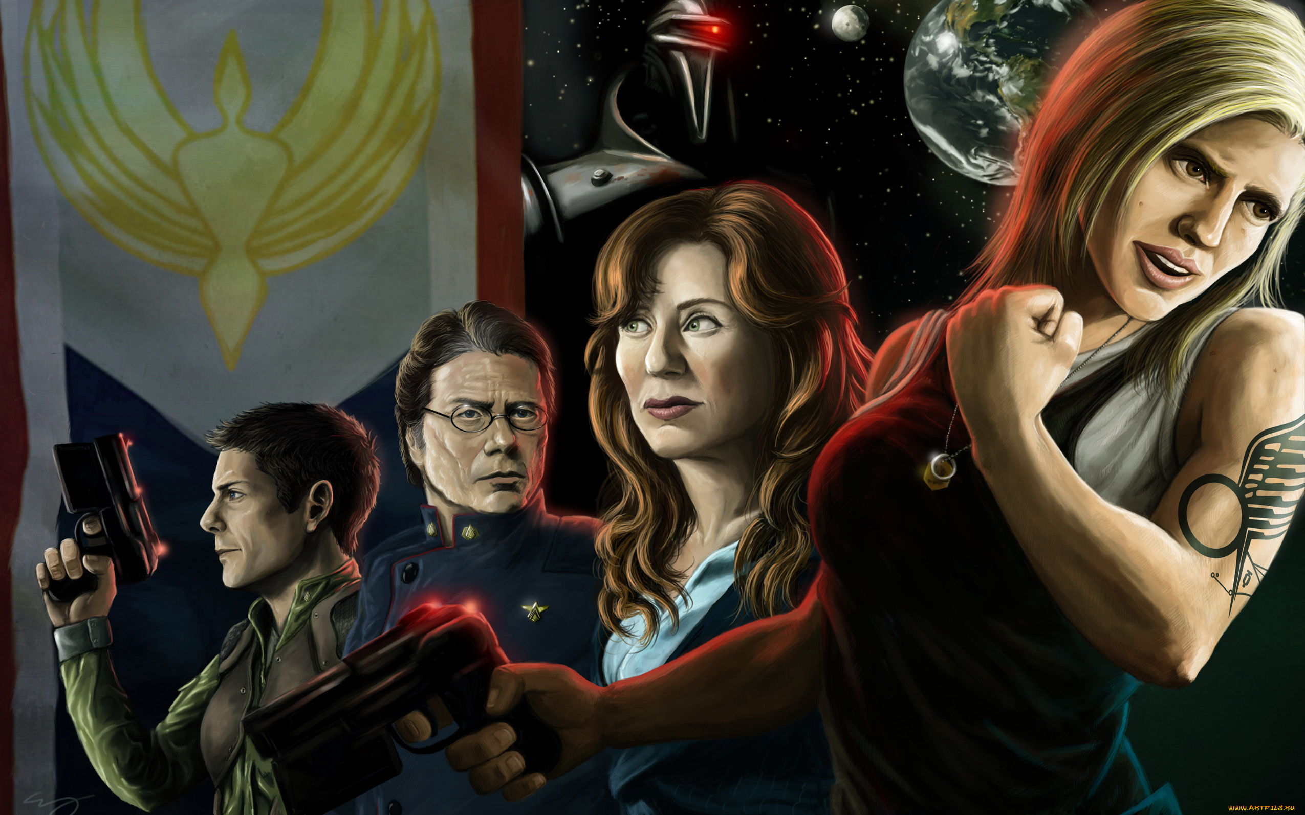 рисованное, люди, фон, взгляд, оружие, девушки, мужчины