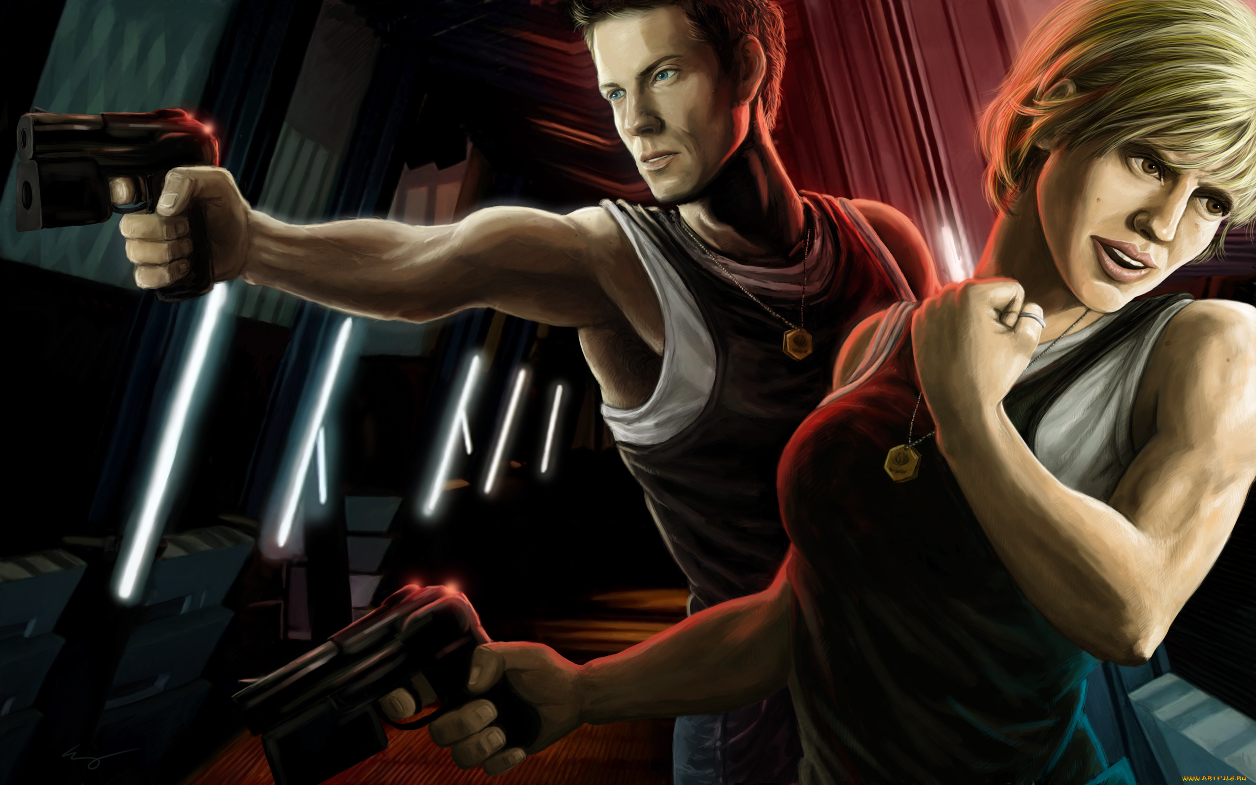 рисованное, люди, мужчина, оружие, фон, взгляд, девушка