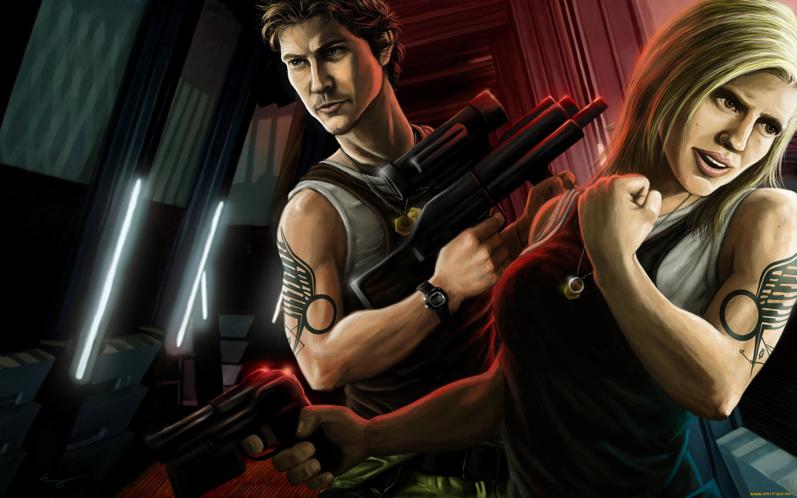 рисованное, люди, мужчина, оружие, фон, взгляд, девушка