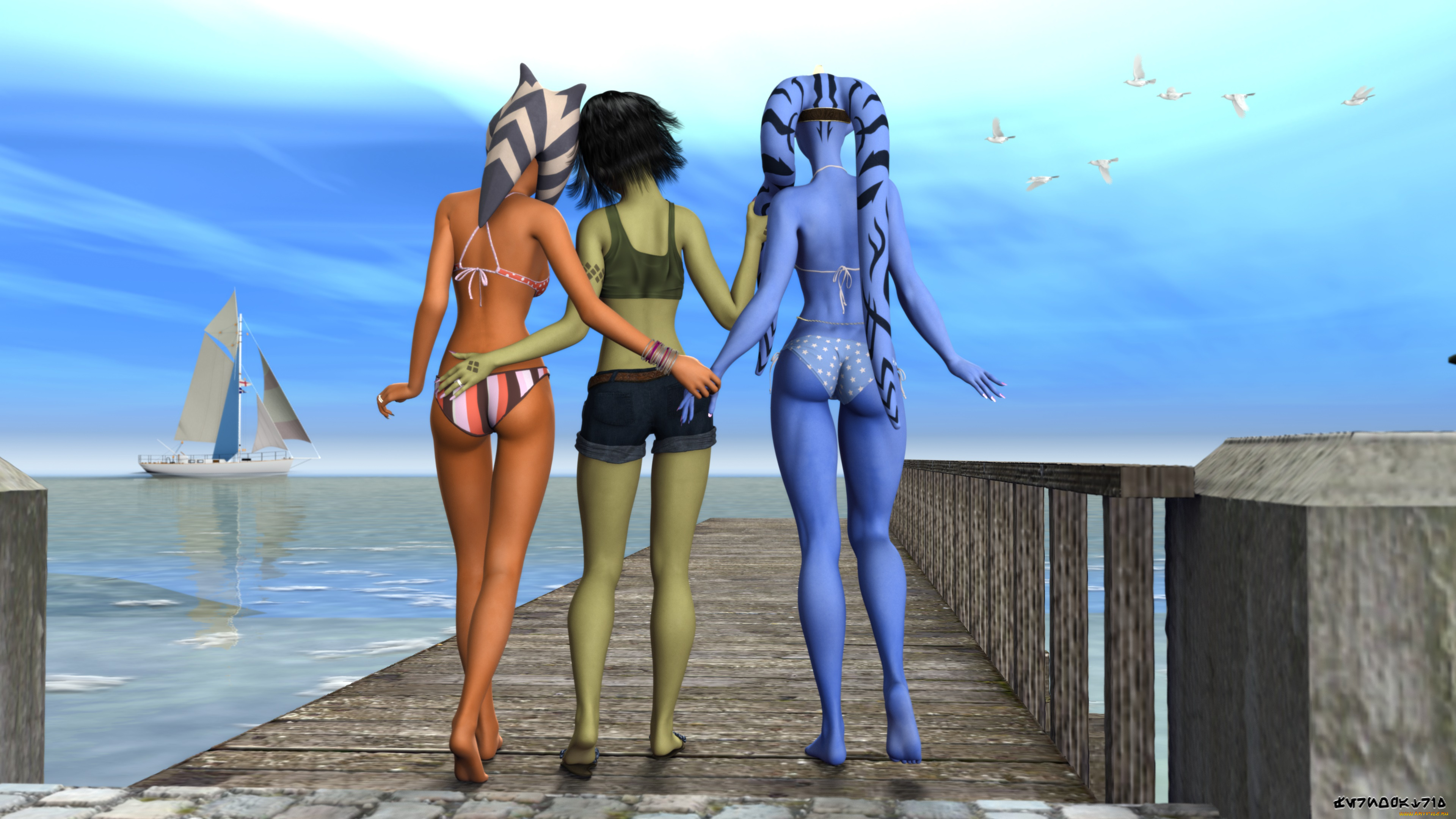 3д, графика, существа, , creatures, взгляд, халки, фон, девушки