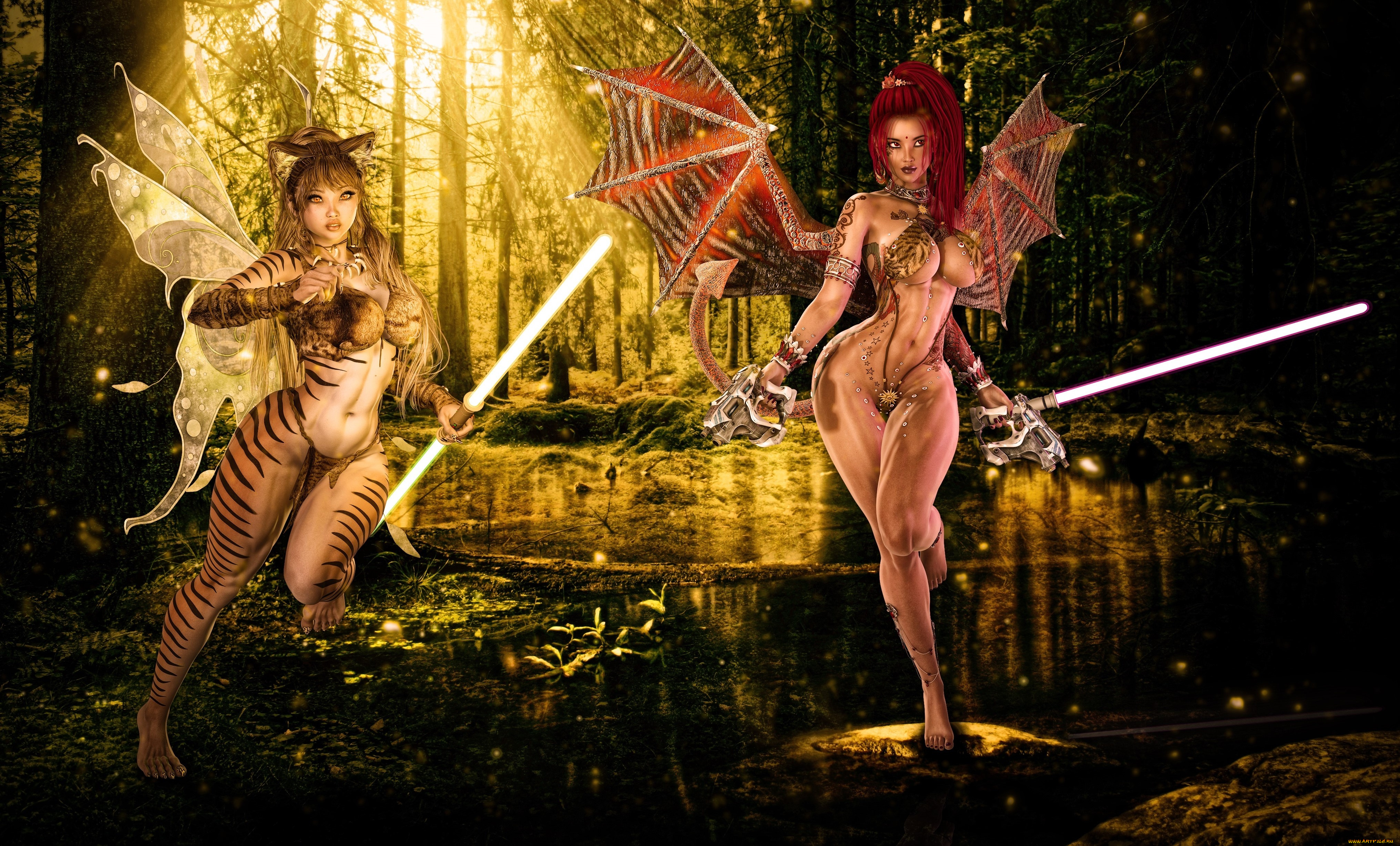 3д, графика, эльфы, , elves, эльфийка, взгляд, фон, оружие, демон