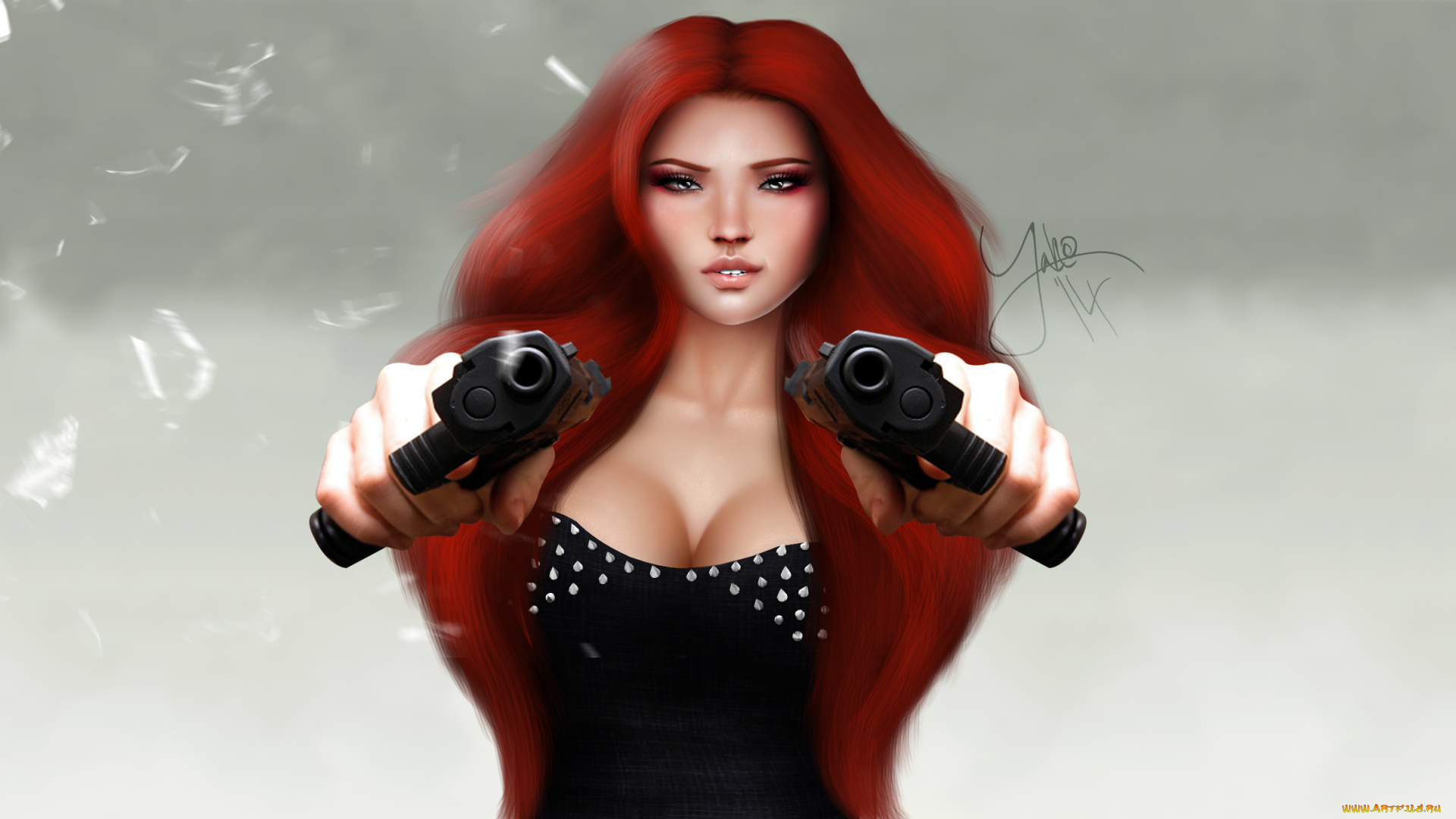 3д, графика, фантазия, , fantasy, пистолеты, рендеринг, взгляд, лицо, девушка, волосы