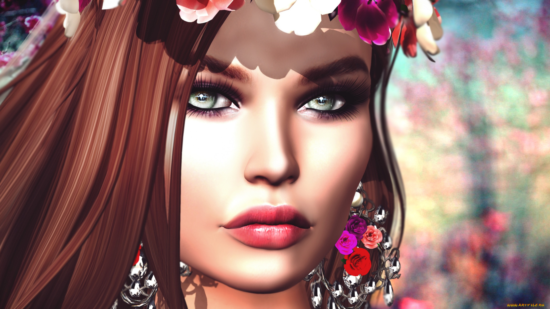 3д, графика, портрет, , portraits, девушка, губы, глаза, лицо, цветы