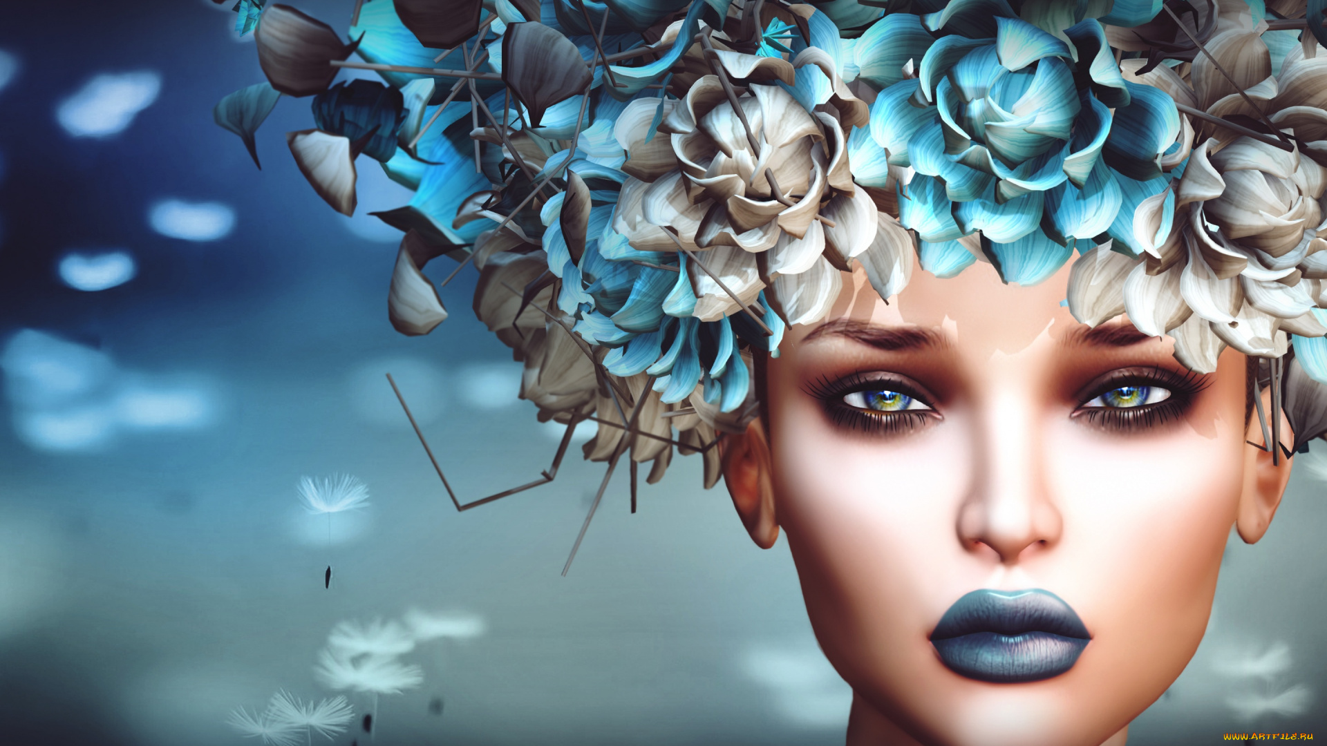 3д, графика, портрет, , portraits, девушка, лицо, фон, цветы, взгляд, головной, убор