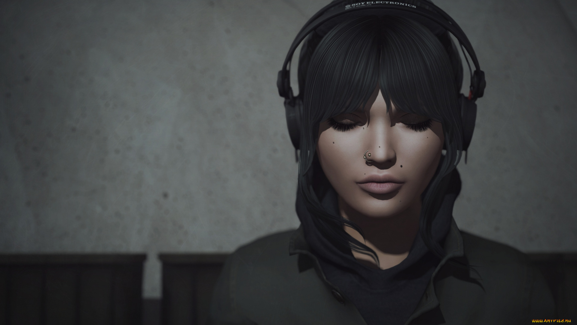 3д, графика, портрет, , portraits, фон, девушка, лицо, наушники, волосы, музыка