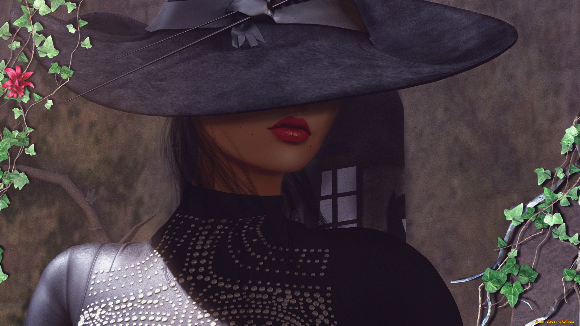 3д, графика, портрет, , portraits, фон, губы, помада, шляпа, лицо