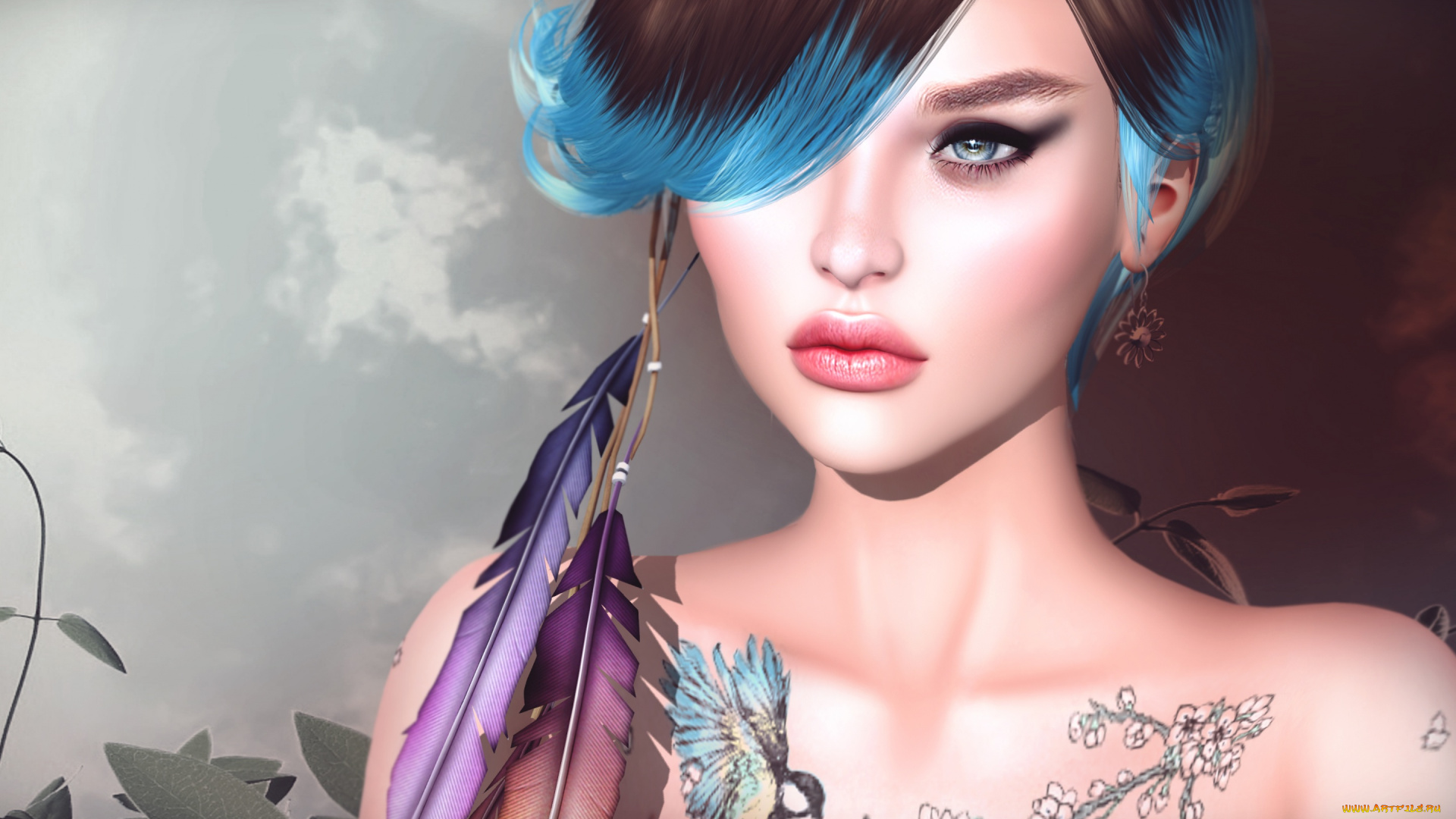 3д, графика, портрет, , portraits, фон, волосы, перья, девушка, лицо