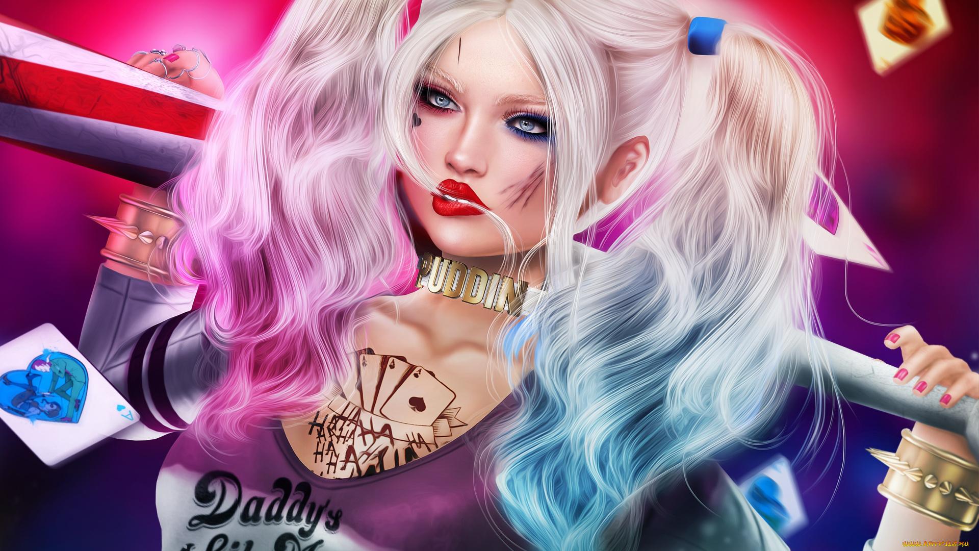 3д, графика, портрет, , portraits, макияж, бейсбольная, бита, девушка, раскрас, карты, лицо, волосы