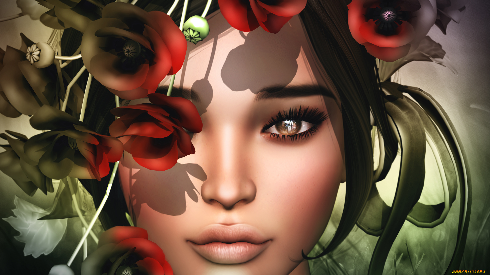 3д, графика, портрет, , portraits, взгляд, цветы, лицо, глаза, губы, девушка