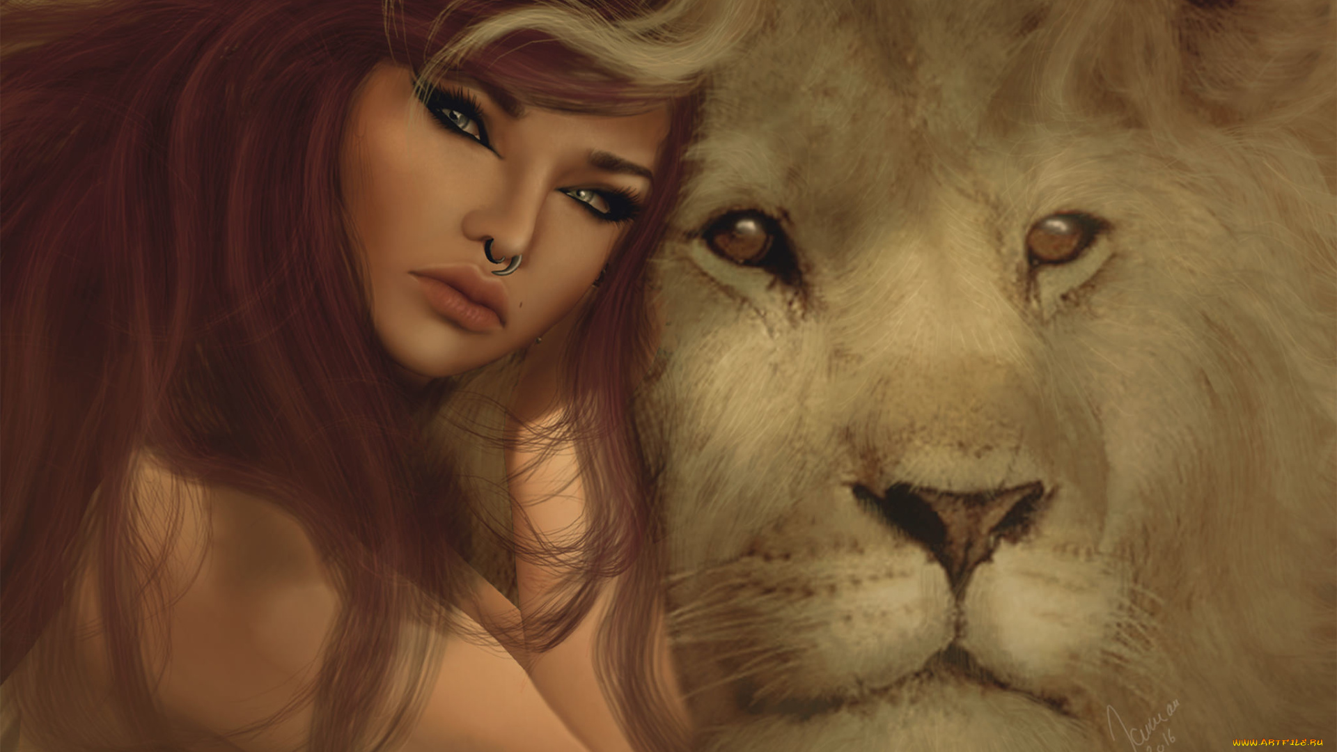 3д, графика, портрет, , portraits, взгляд, волосы, лицо, девушка, лев