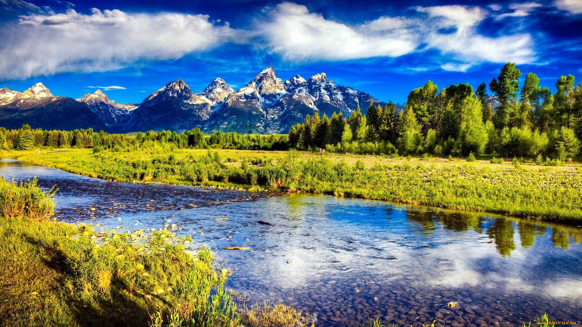 природа, реки, озера, небо, облака, горы, трава, деревья, река