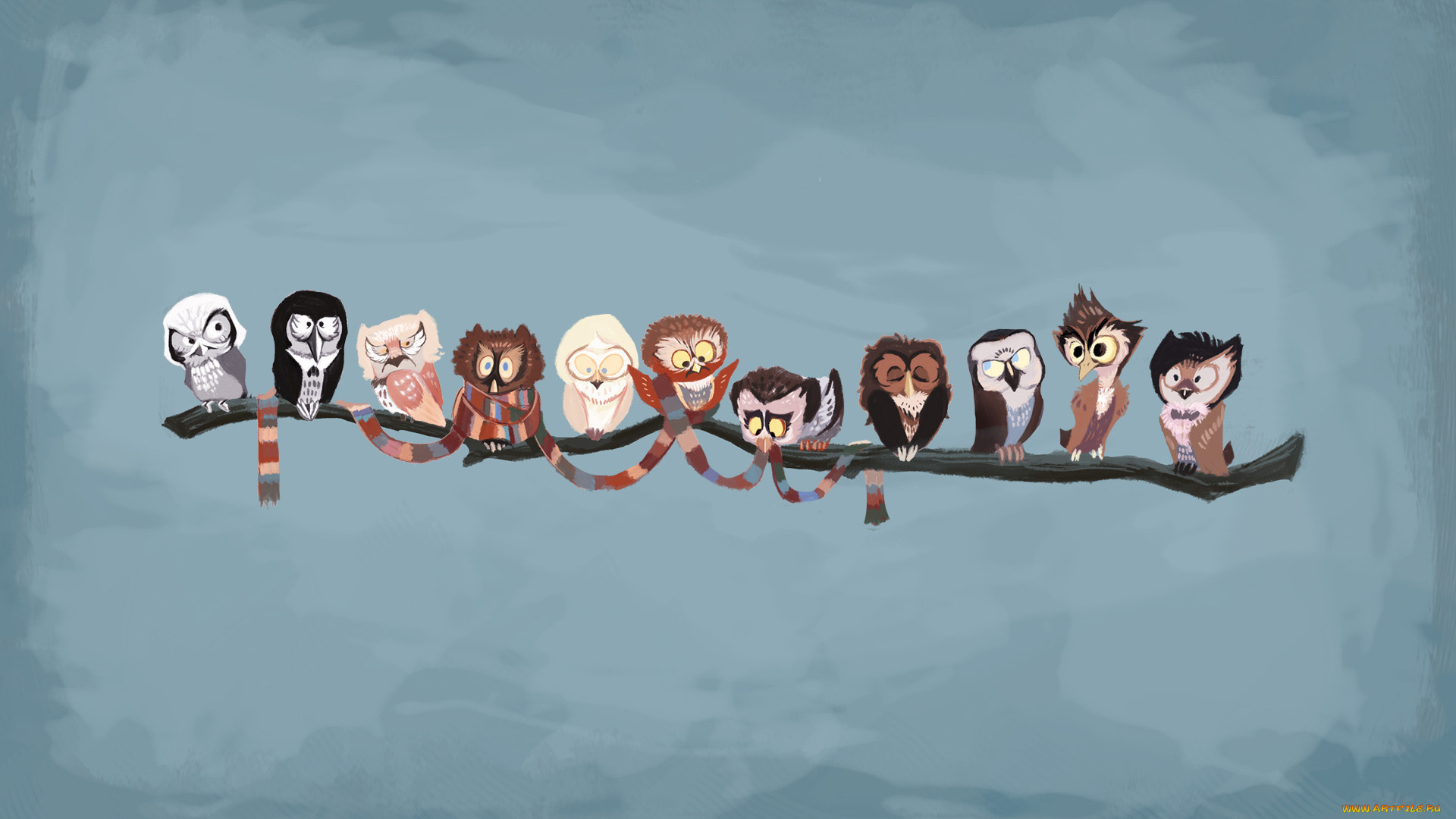 рисованное, животные, , птицы, , совы, , филины, птицы, ветка, юмор, совы, шарф